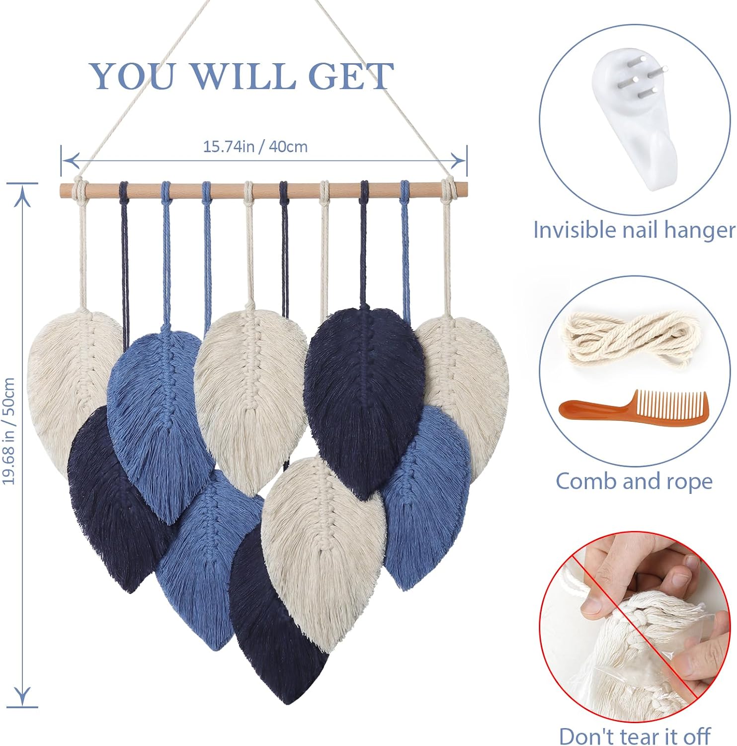 Macrame Wall Hanging Leaves Chic Woven Leaf Tassels Decoration Cotton Ornaments Tapestry / Navy Blue