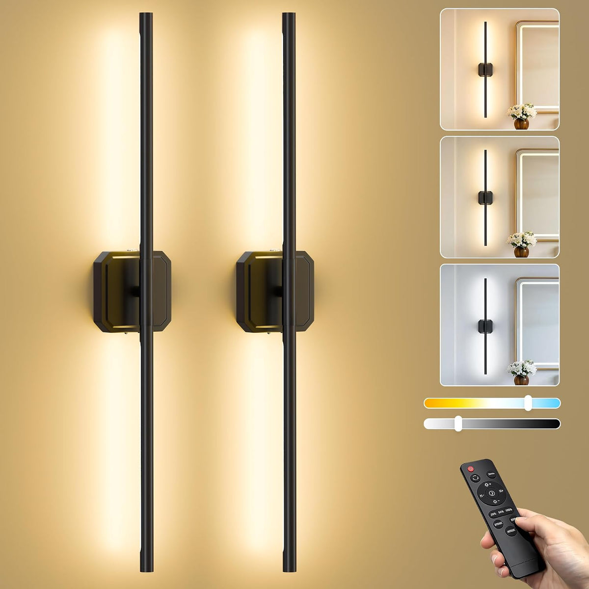 Battery Operated Wall Sconces Set of Two, Wireless Wall Lights Touch & Remote Control Rechargeable LED Wall Lamp