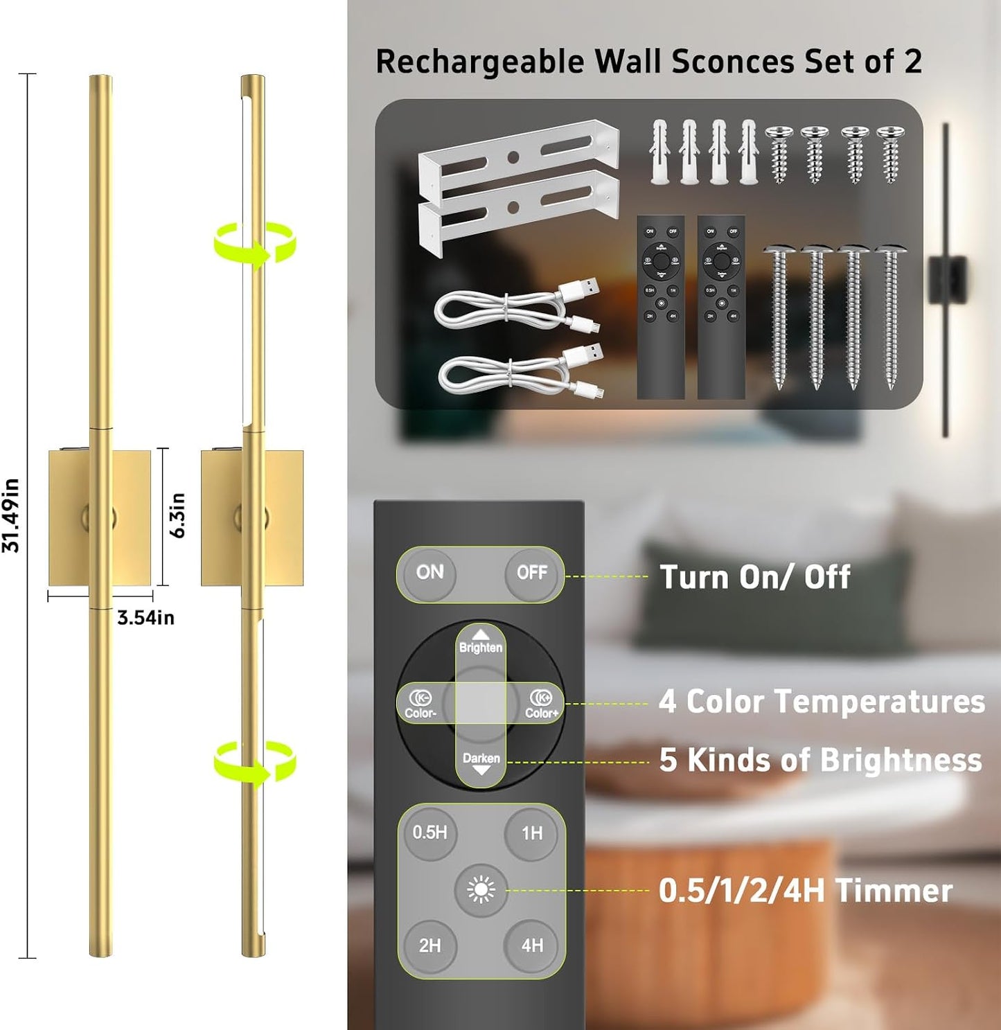 Battery Operated Wall Sconces Set of 2, 10000mAh, Gold | remote control and 360° rotation, for picture display TV wall