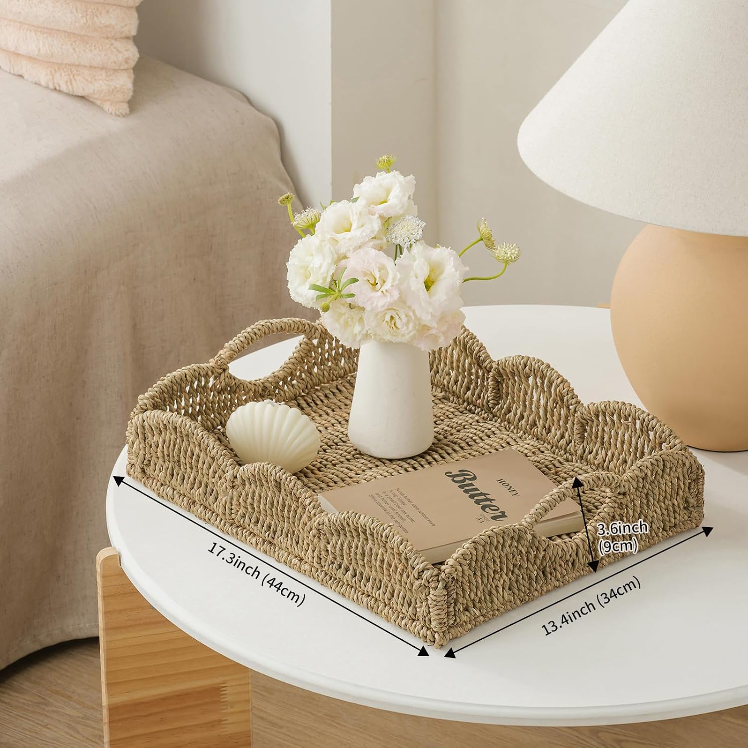 Wicker Tray / Handwoven Woven Tray / 17.3 x 13.4 x 3.6 / Seagrass-scalloped
