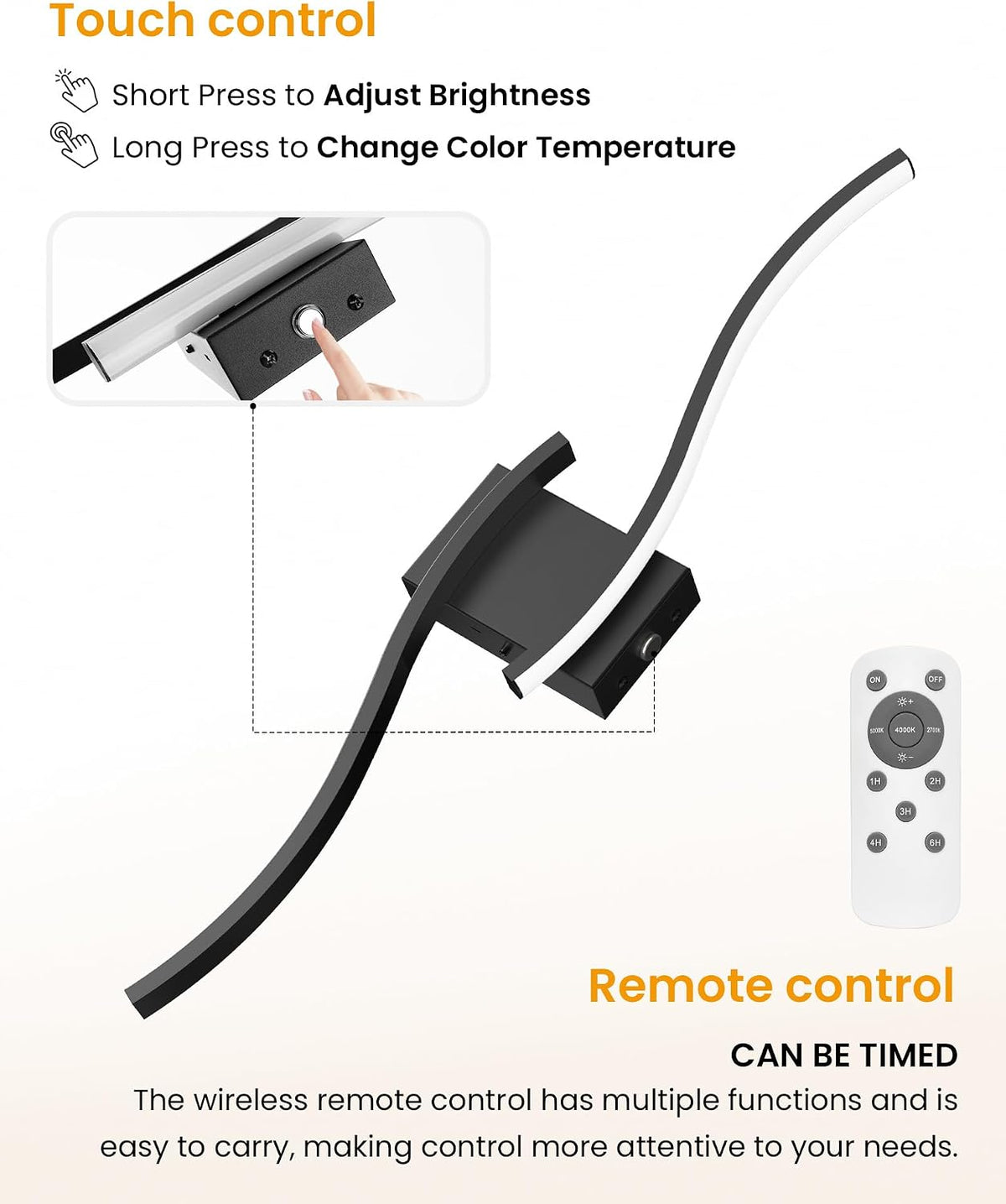 27.6 Inch Battery Operated Wall Sconce Set of 2, Black Modern Rechargeable Wall Lights with Remote, 3CCT Dimmable