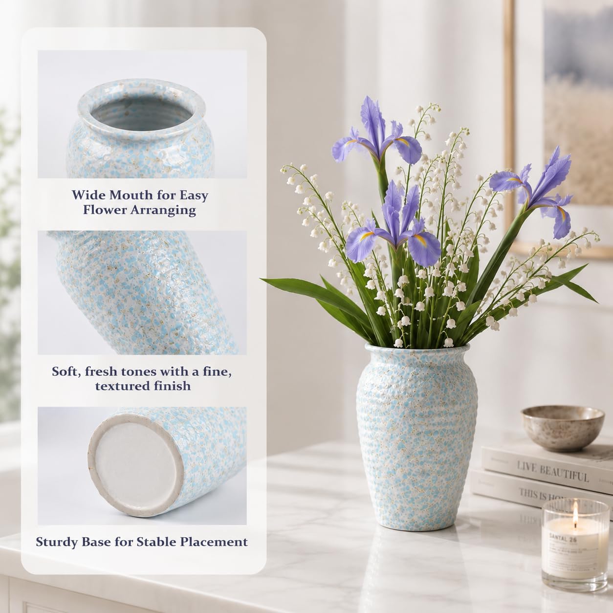 Ceramic Vases / Decorative Flower / Blue White 3 Set / Set of 3