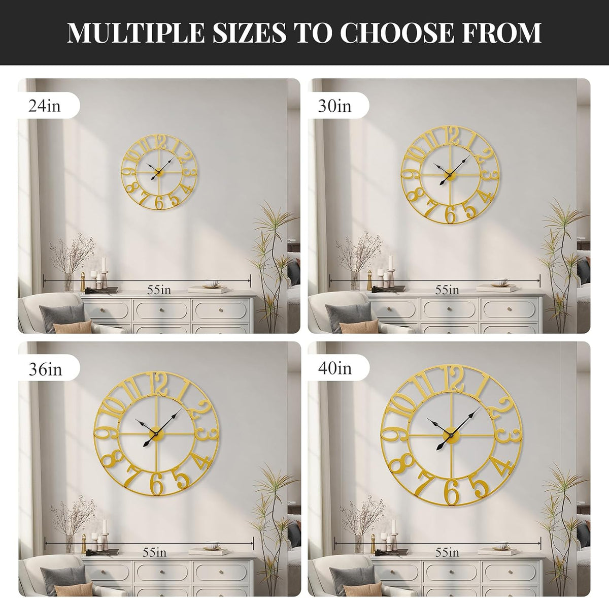 Cuspin 40 Inch Extra Large Gold Wall Clock, Decorative Metal Wall Clocks | Battery operated, silent non ticking, metal