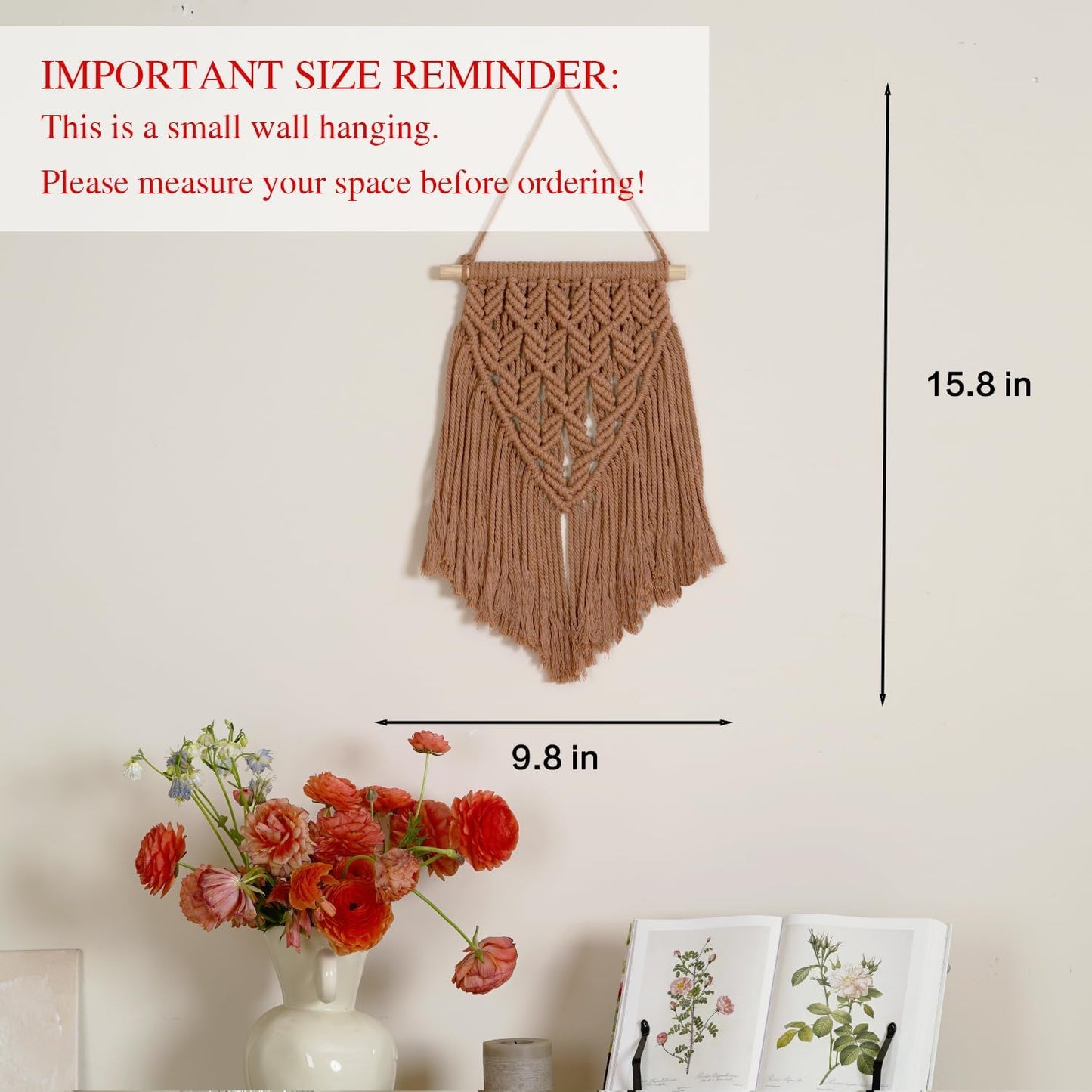 Small Macrame Wall Hanging Decor Boho Tapestry / Toffee Brown / 15.8"L x 9.8"W