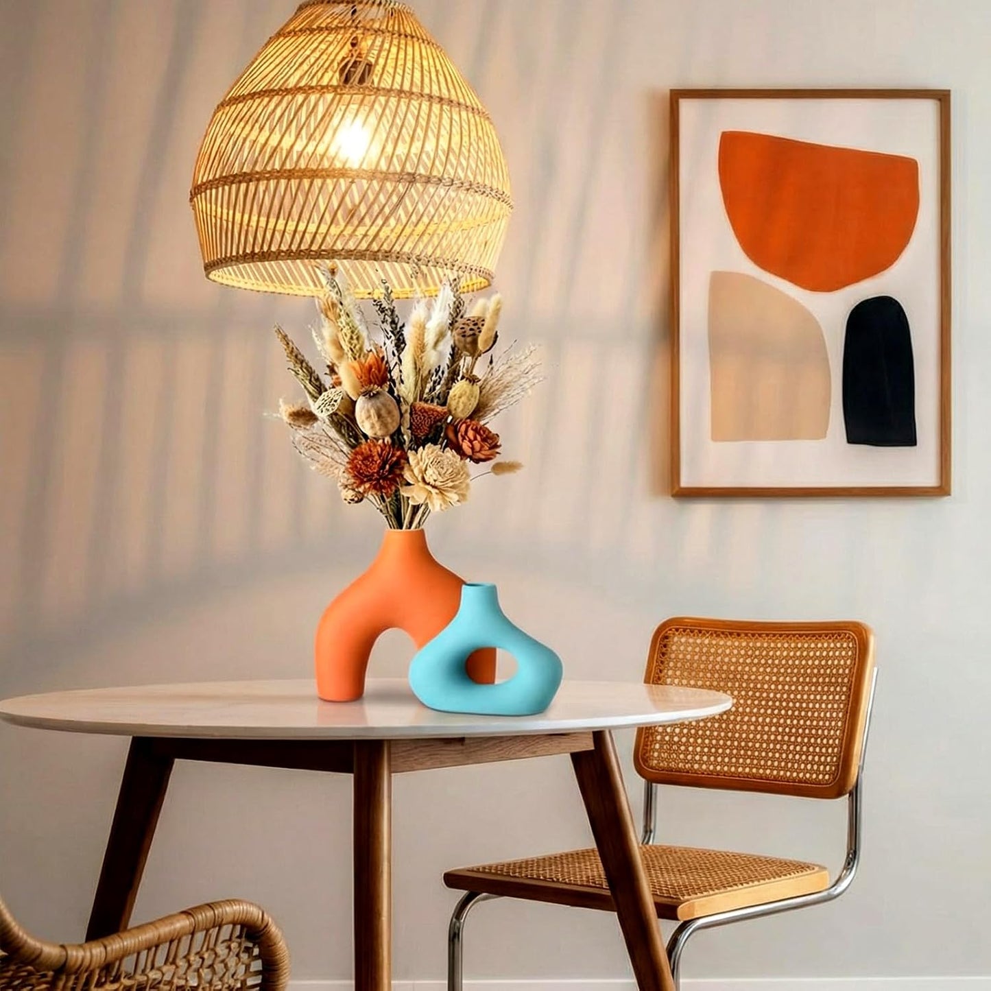 Mid Century Modern Decor Ceramic Donut Vases / Orange Blue / Set of 2