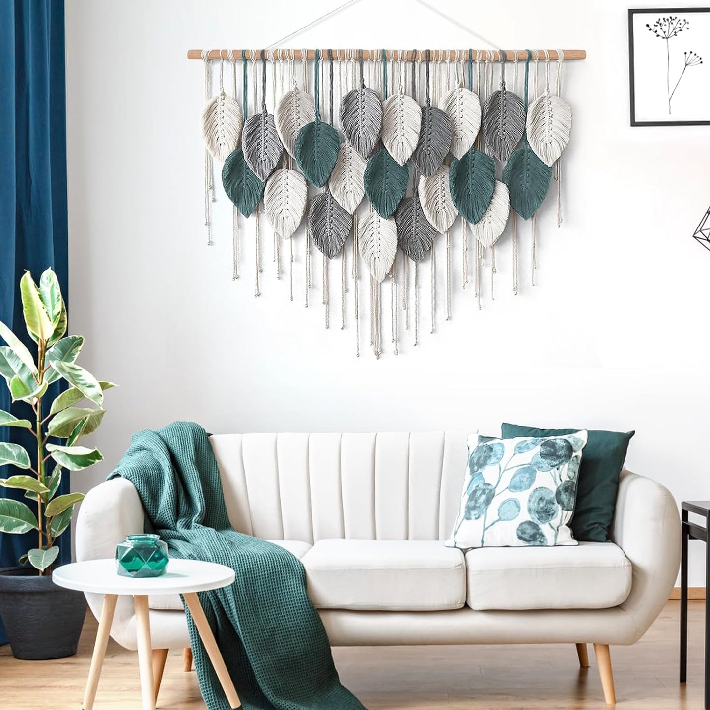 Large Macrame Wall Hanging Boho Home Decor / Grey Cyan-39"w x 29.5"L