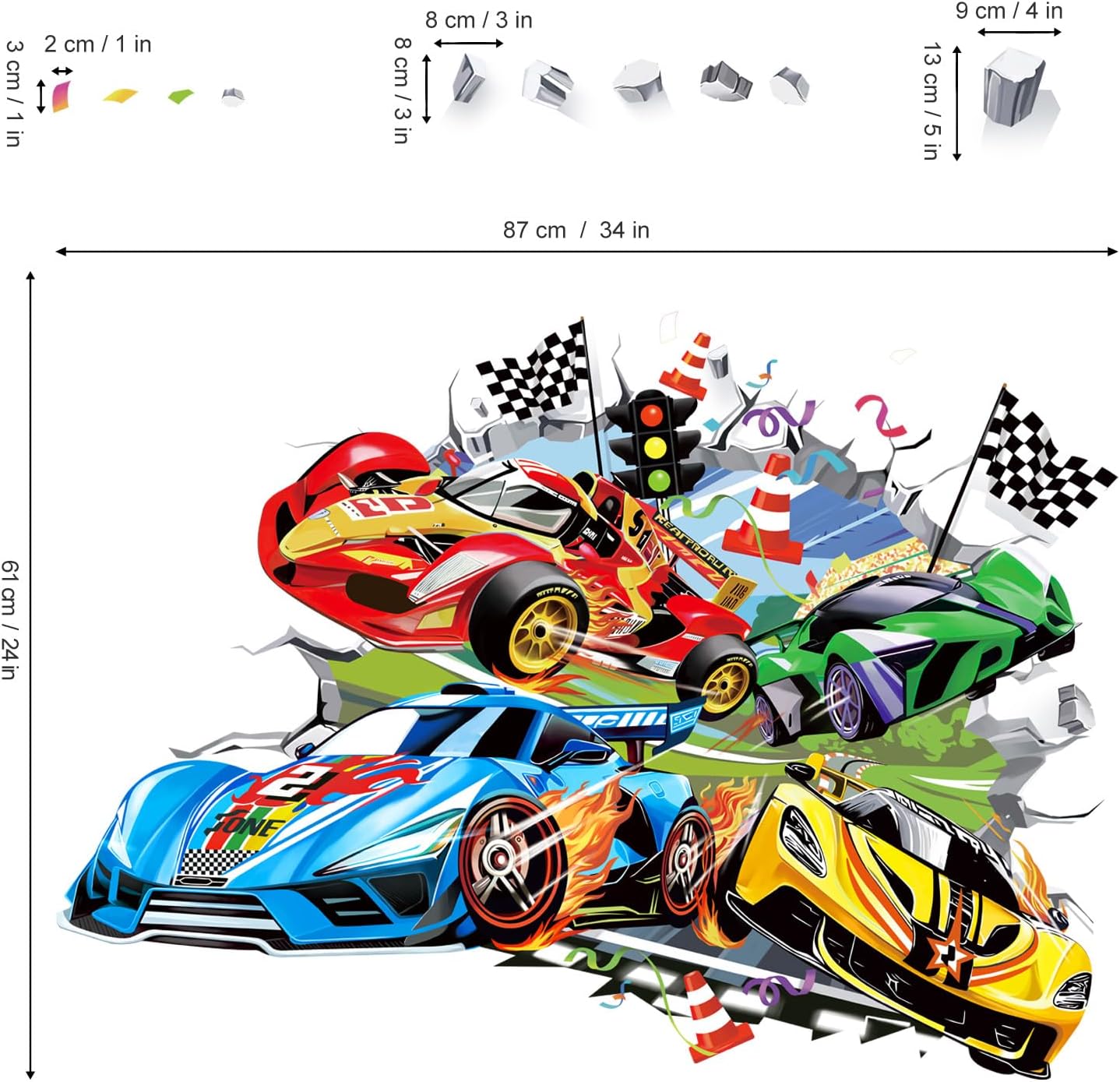 Large 3D Racing Car Wall Stickers Vehicles Break Through 4 Cars Peel and Stick Wall Art Decals