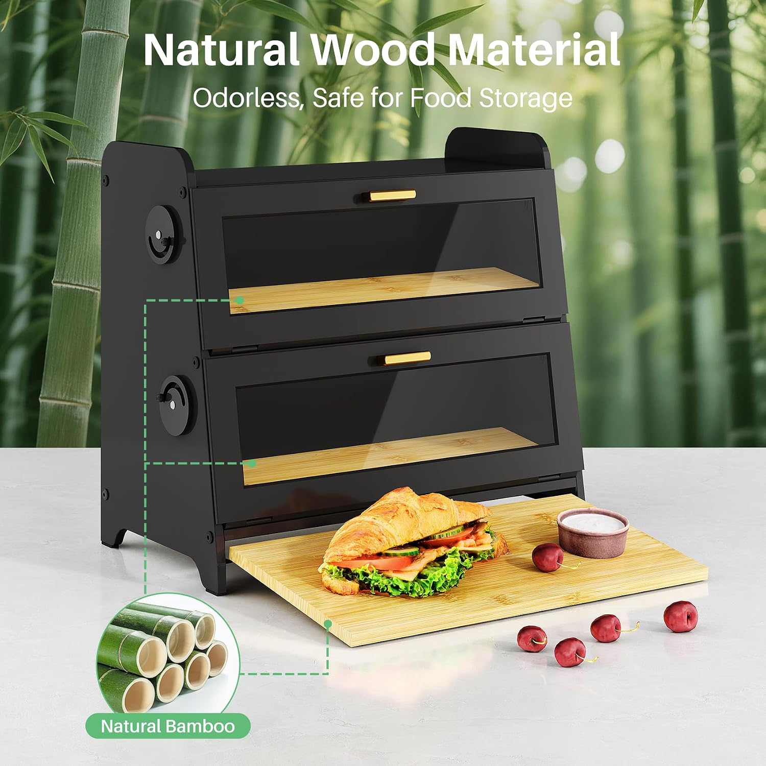 SNTD 2 Tier Bread Box for Kitchen Countertop, Adjustable Ventilation, Black | Bamboo Cutting Board, Airtight Design