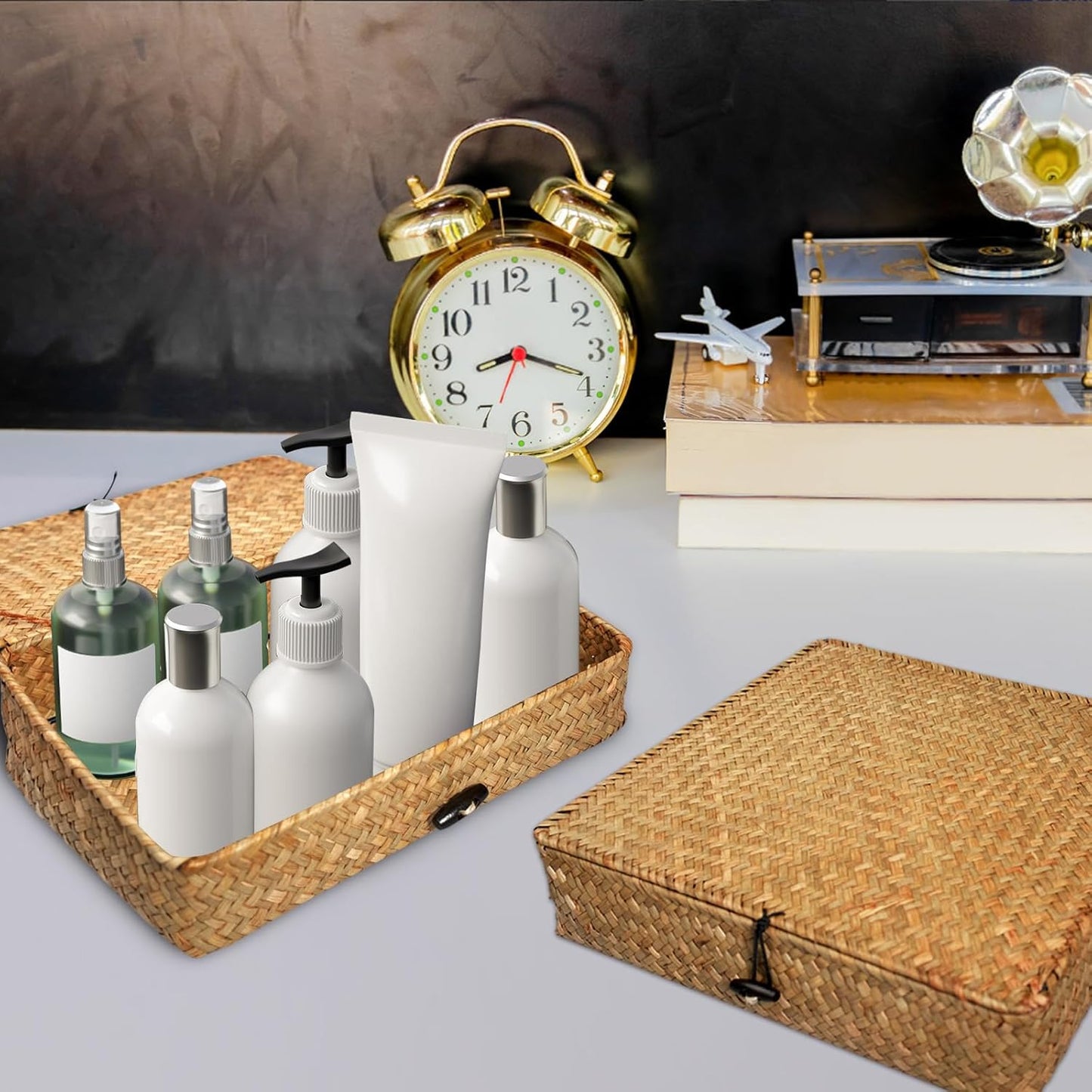 Seagrass Basket / Lids Woven Organizer / Brown / Set of 5