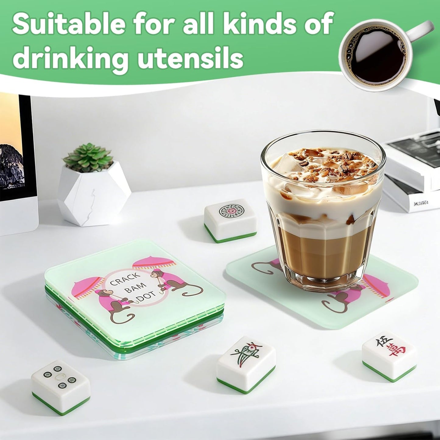 Self-Adhesive Silicone Pads '' Mahjong Discard Tile Coaster / 3.94 x 3.94 / Set of 4