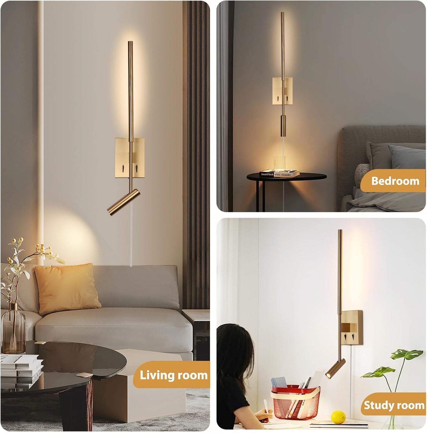 Modern Plug in Wall Sconce Indoor Ambient Lighting for Bedroom, Gold LED Wall Mounted Reading Lamp with Switch, Corded