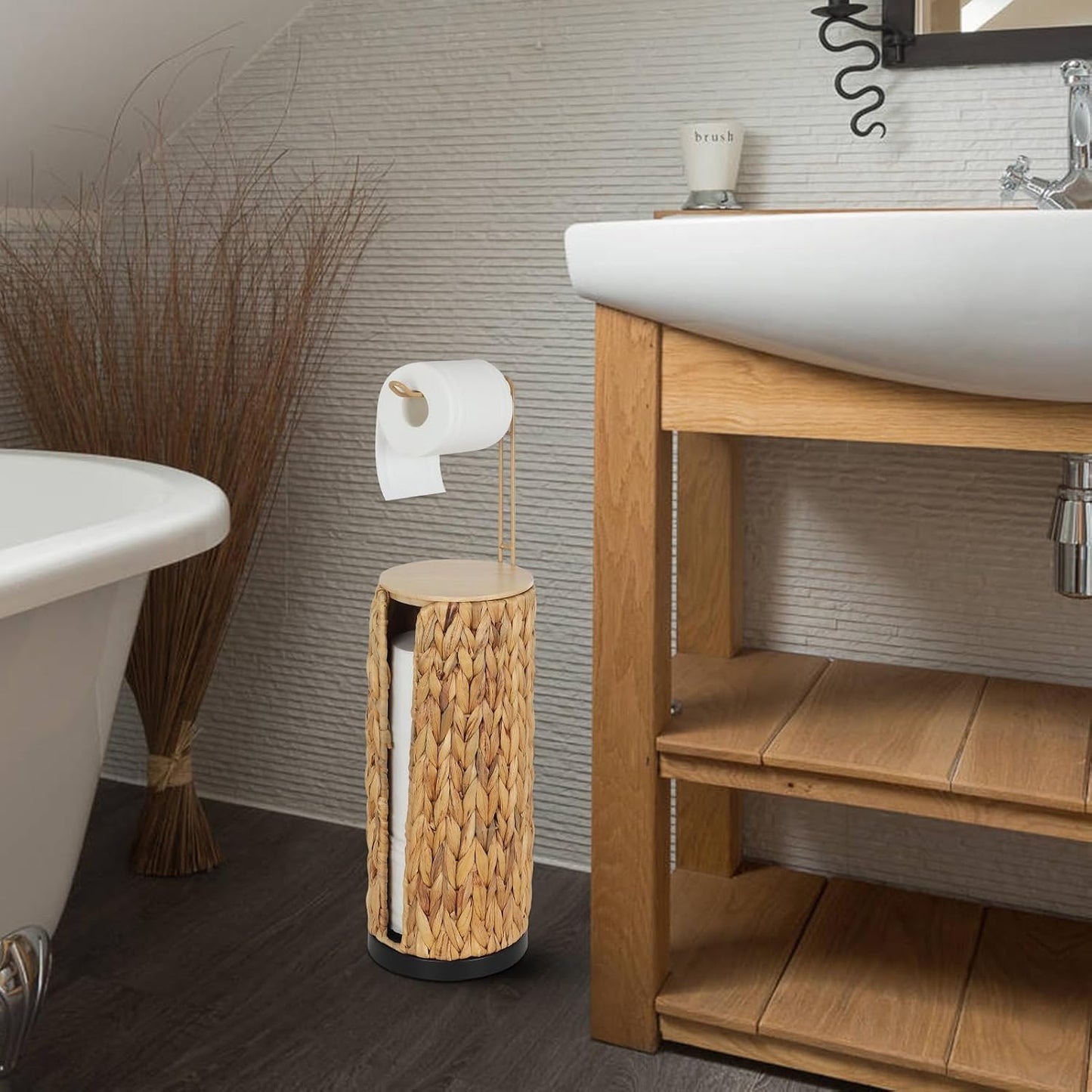 Freestanding Toilet Paper Holder with Storage,3 Rolls of Tissue Holder for Bathroom,Handmade Woven Toilet Paper Roll