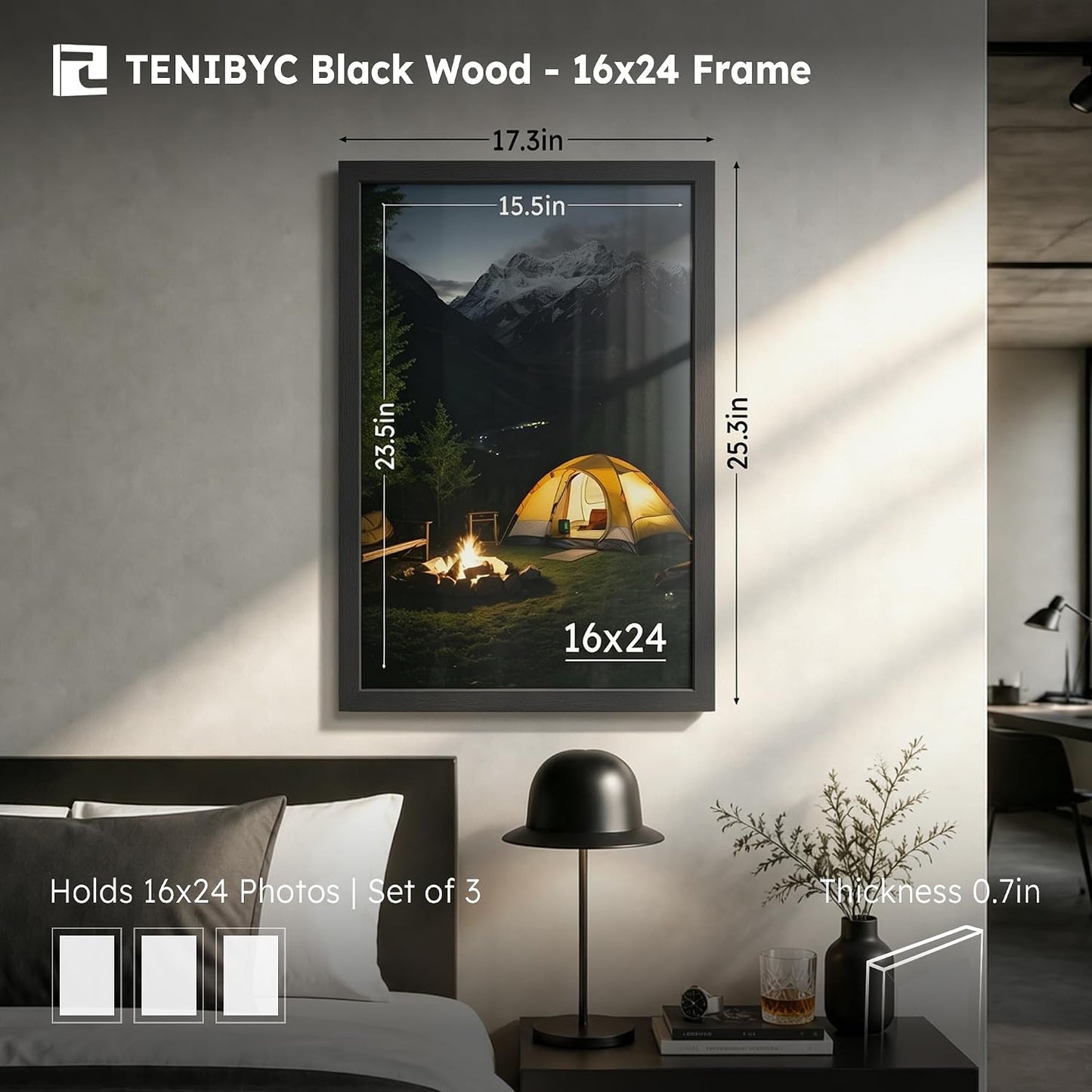 16x24 Picture Frame, Black Wood, 3 Pack, Wall Hanging for Poster | Thick Polished Plexiglass, Travel Poster Frame for