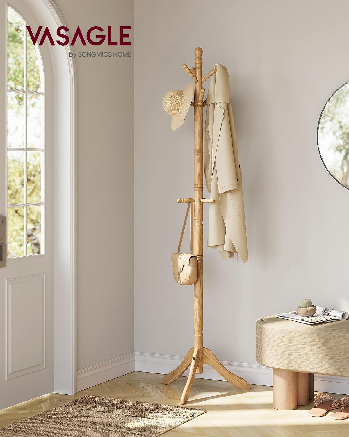 VASAGLE Solid Wood Coat Rack and Stand, Free Standing Hall Coat Tree with 10 Hooks for Hats, Bags, Purses, for