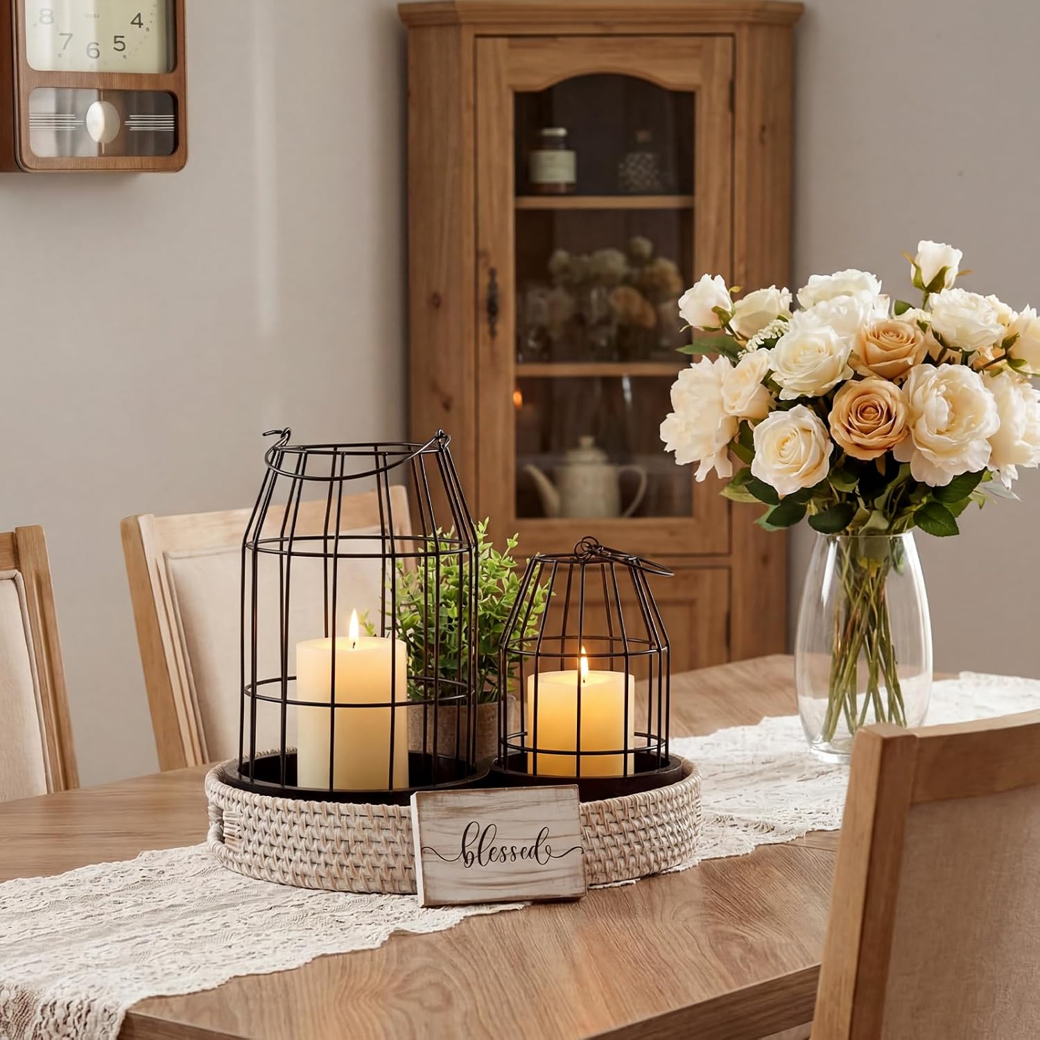 Mumufy 5 Pcs Candle Stands for Pillar Candles Metal,Large,Black, Brown | Decorative Lanterns Centerpieces with Tray for