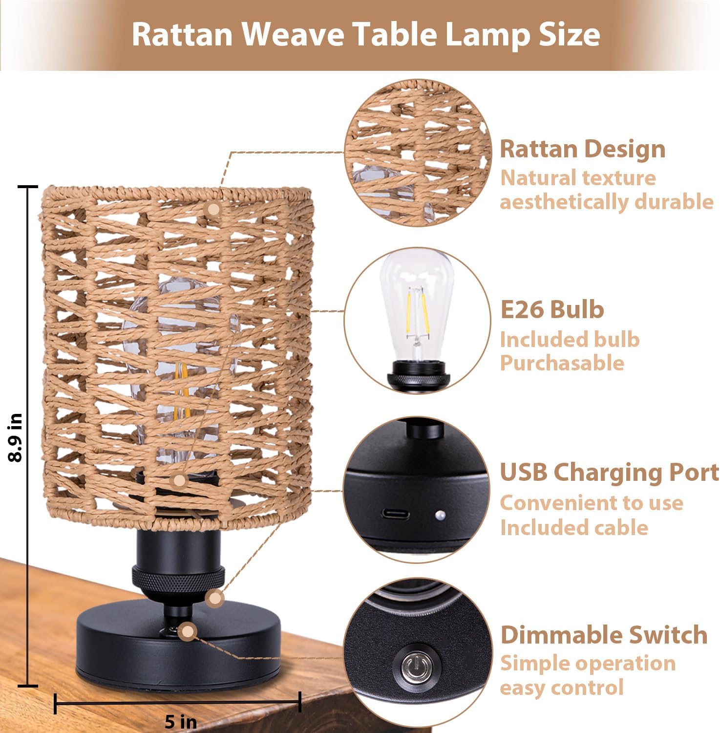 Cordless Outdoor Table Lamps, Small Rattan Boho, Rechargeable Battery Operated for Outdoor Patio, Home, Living Room