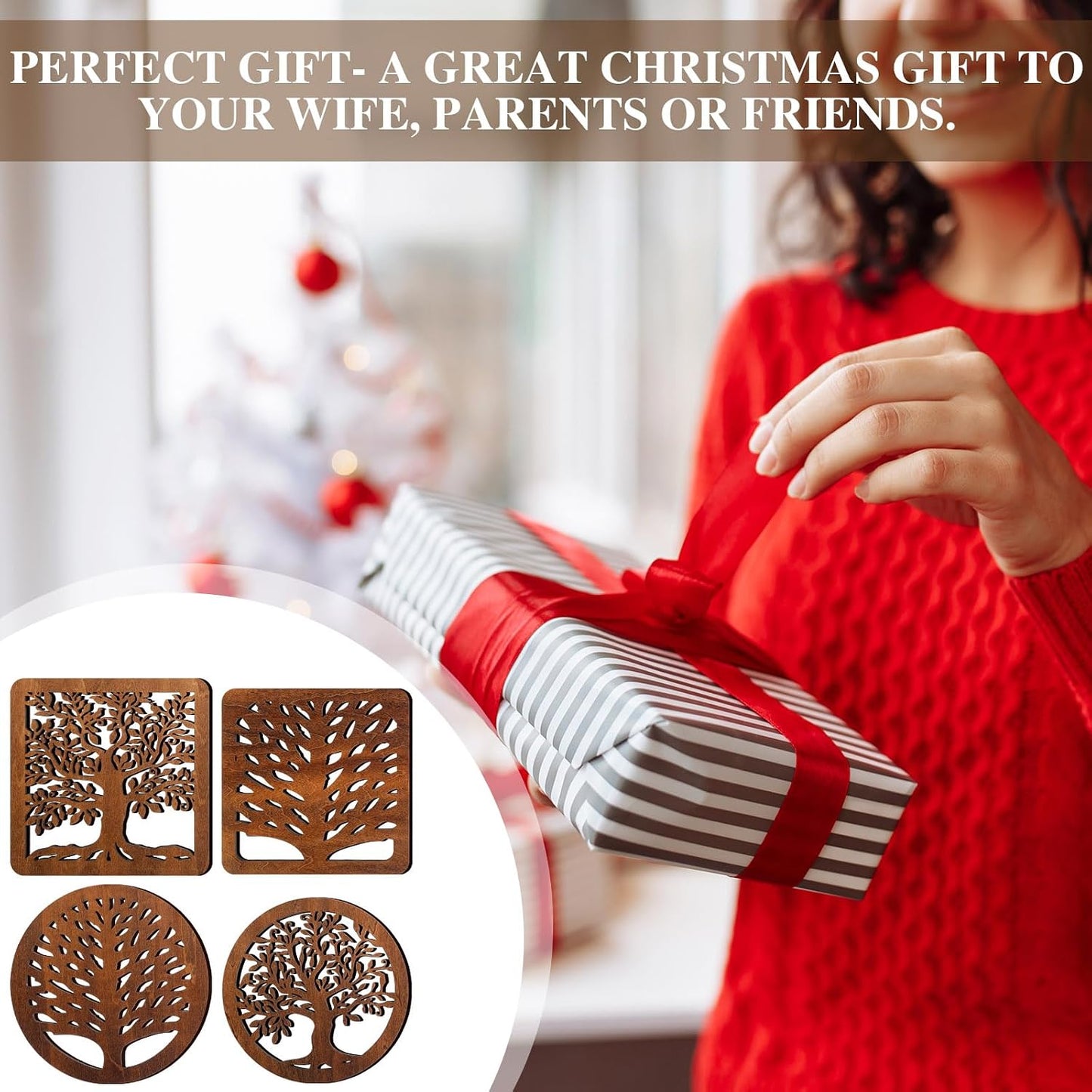 Beeveer 5 Pcs Life Tree Wooden Trivets with Storage Rack Hot Pads Trivets for Hot Dishes Pots and Pans Heat Resistant