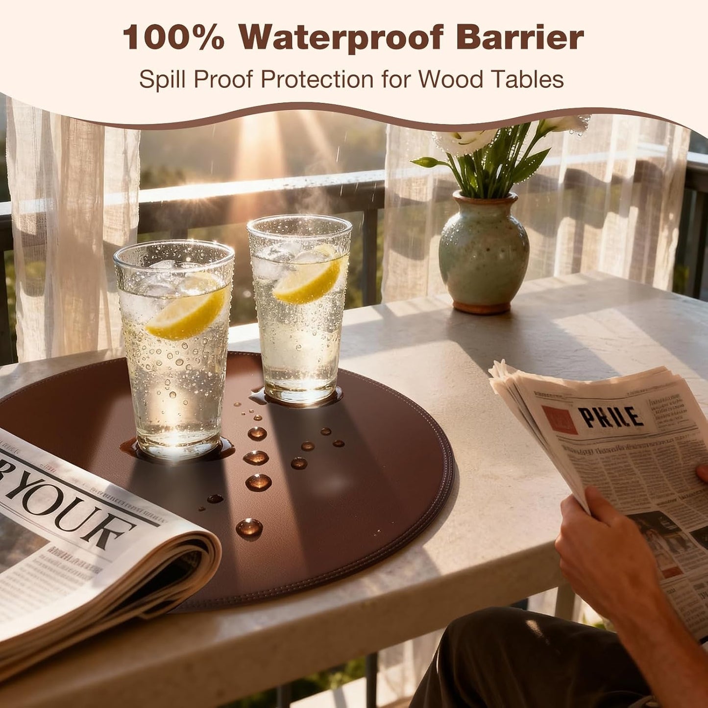 Round Vinyl Brown Placemats Set of 6, Faux Leather Waterproof Wipeable Heat Resistant Place Mats, Washable Table Mats