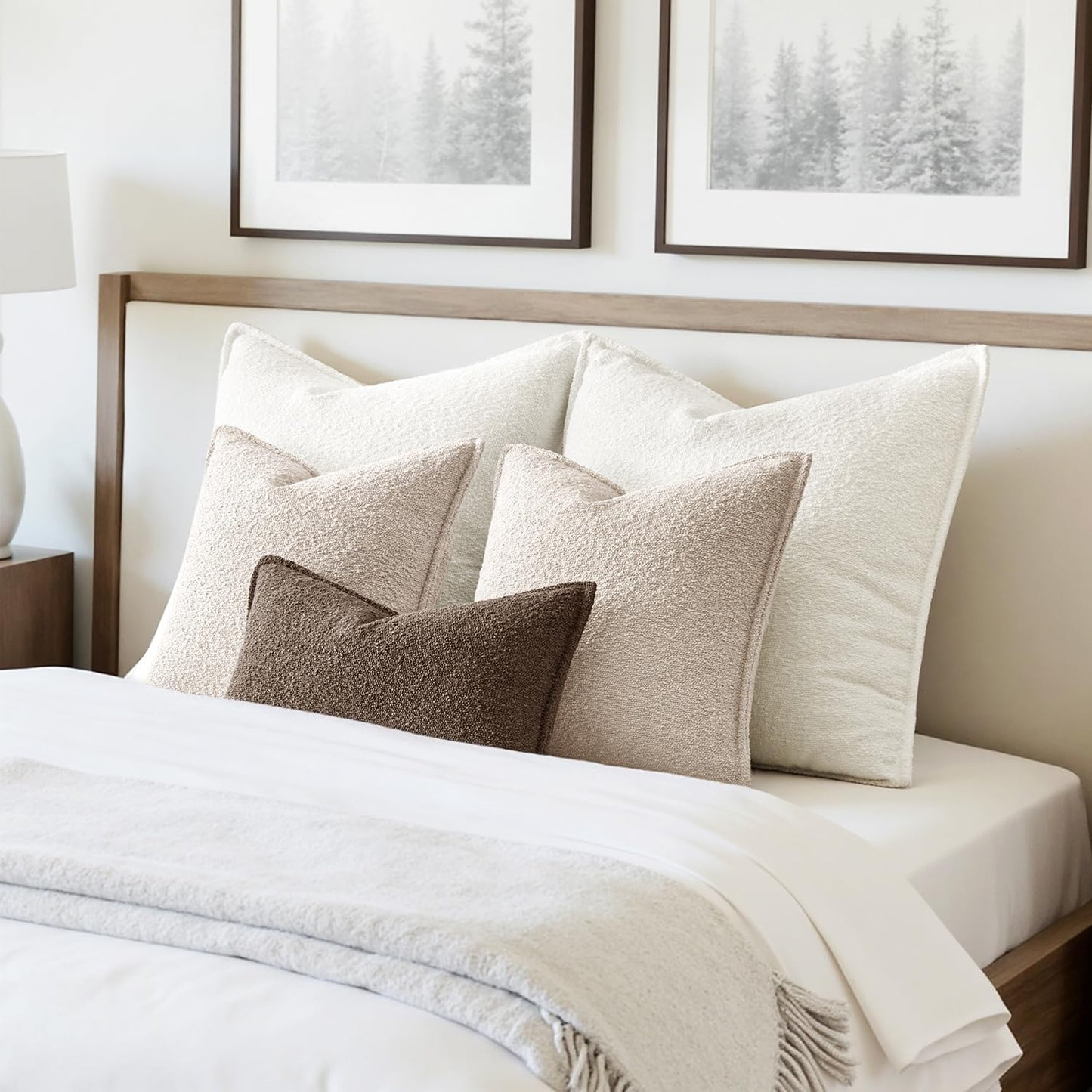 Decorative Textured Boucle Throw Pillow Covers Broadside Thick / 18 x 18 / Natural Beige / Set of 2