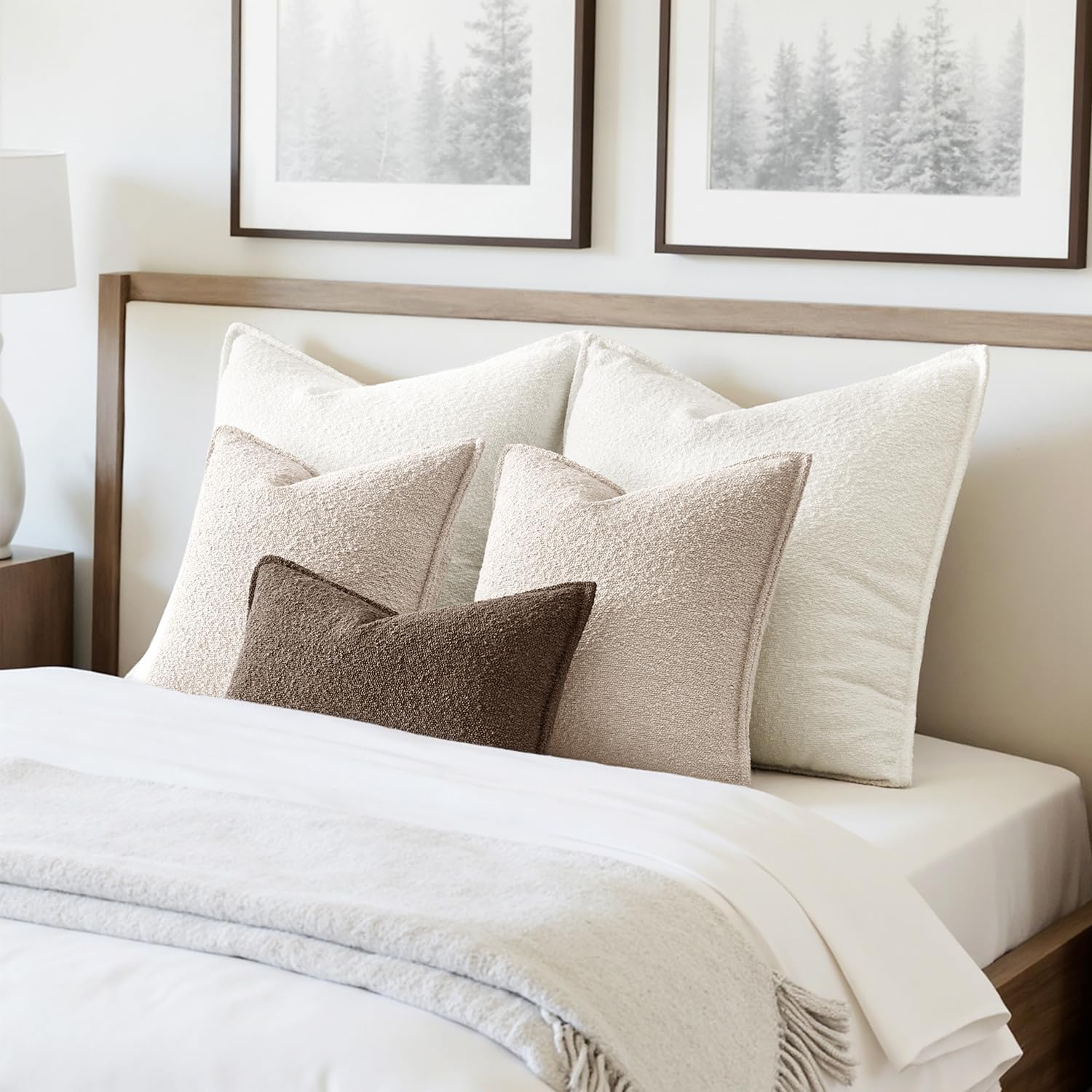 Decorative Textured Boucle Throw Pillow Covers Broadside Thick / 18 x 18 / Natural Beige / Set of 2