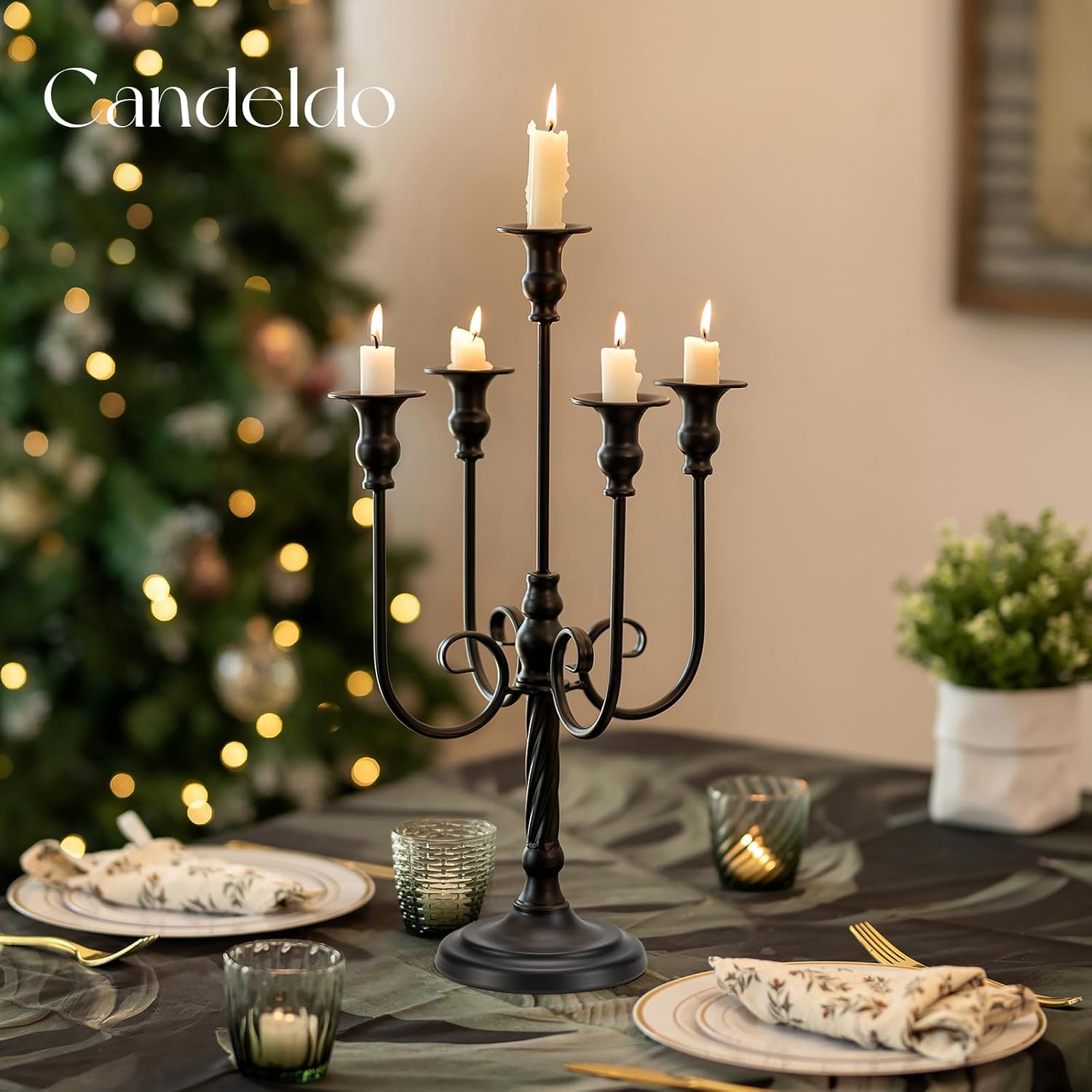 20 Inches Black Candelabra Halloween Decorations Set of 2 | Gothic Candle Holder, 5 Arm Metal Candlestick Stand, for