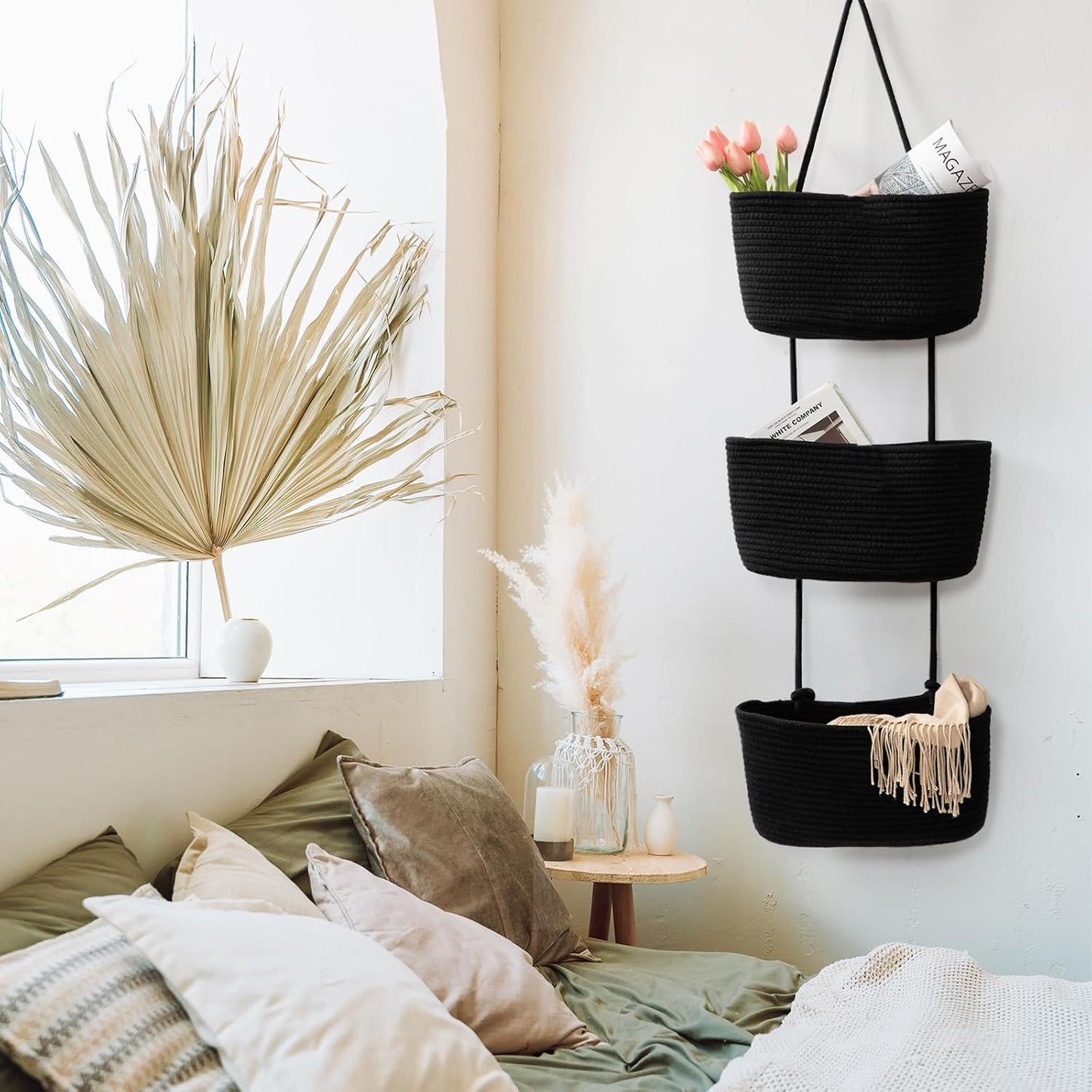 3-Tier Woven Cotton Wall-Mounted Storage Organizer Bag Decorative Hanging Nursery / Black