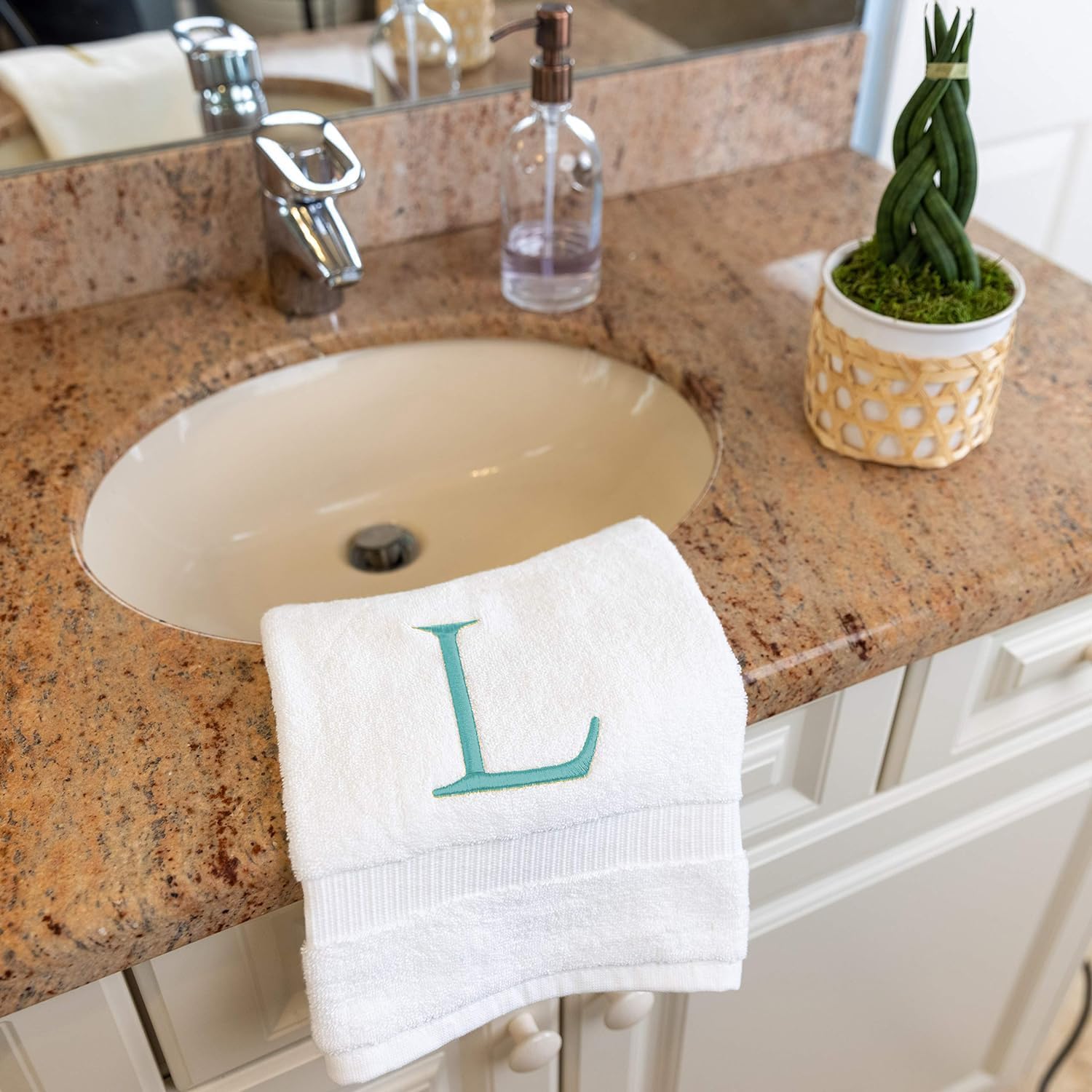 White with Teal Monogrammed Hand Towels for Bathroom - Set of 2 Letter L | Luxury Hotel Quality Initial Towels For