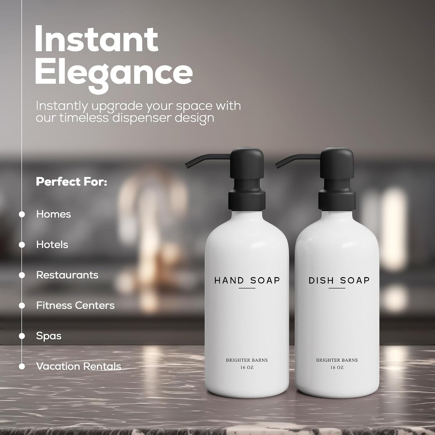 White Glass Hand and Dish Soap Dispenser Set by Brighter Barns - Kitchen Soap Dispenser & Stainless Steel Pump - Glass