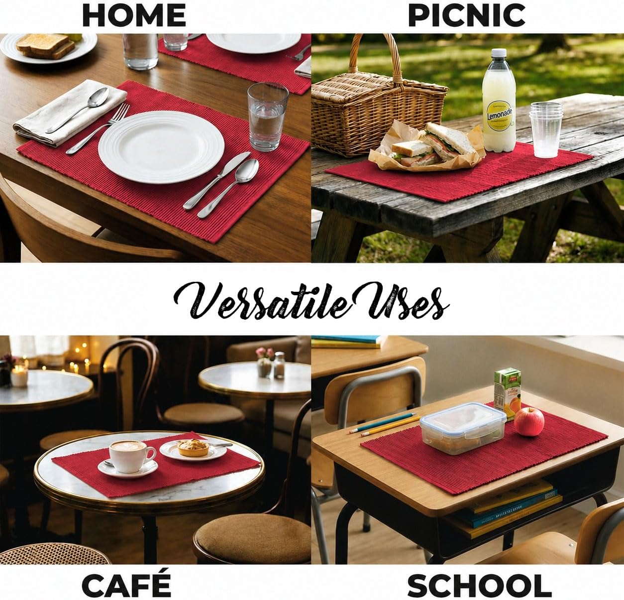 100% Cotton Ribbed Placemats - Set of 4-13 x 19 - Red - Everyday/Christmas/Valentines Fabric Table Mats - Thick