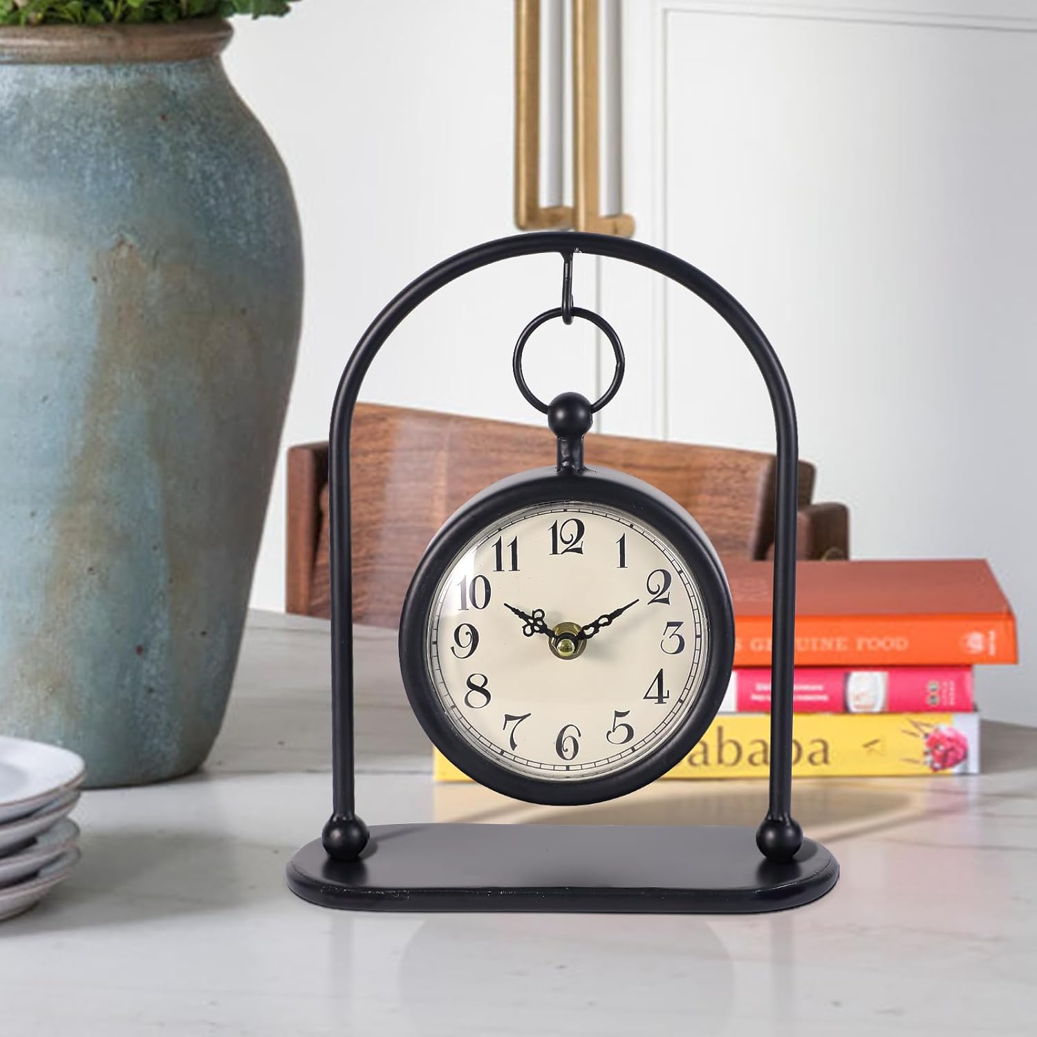 Vintage Metal Table Clock, Farmhouse Table Clock, Small Black Silent Non-Ticking Battery Operated Desk and Shelf Clocks