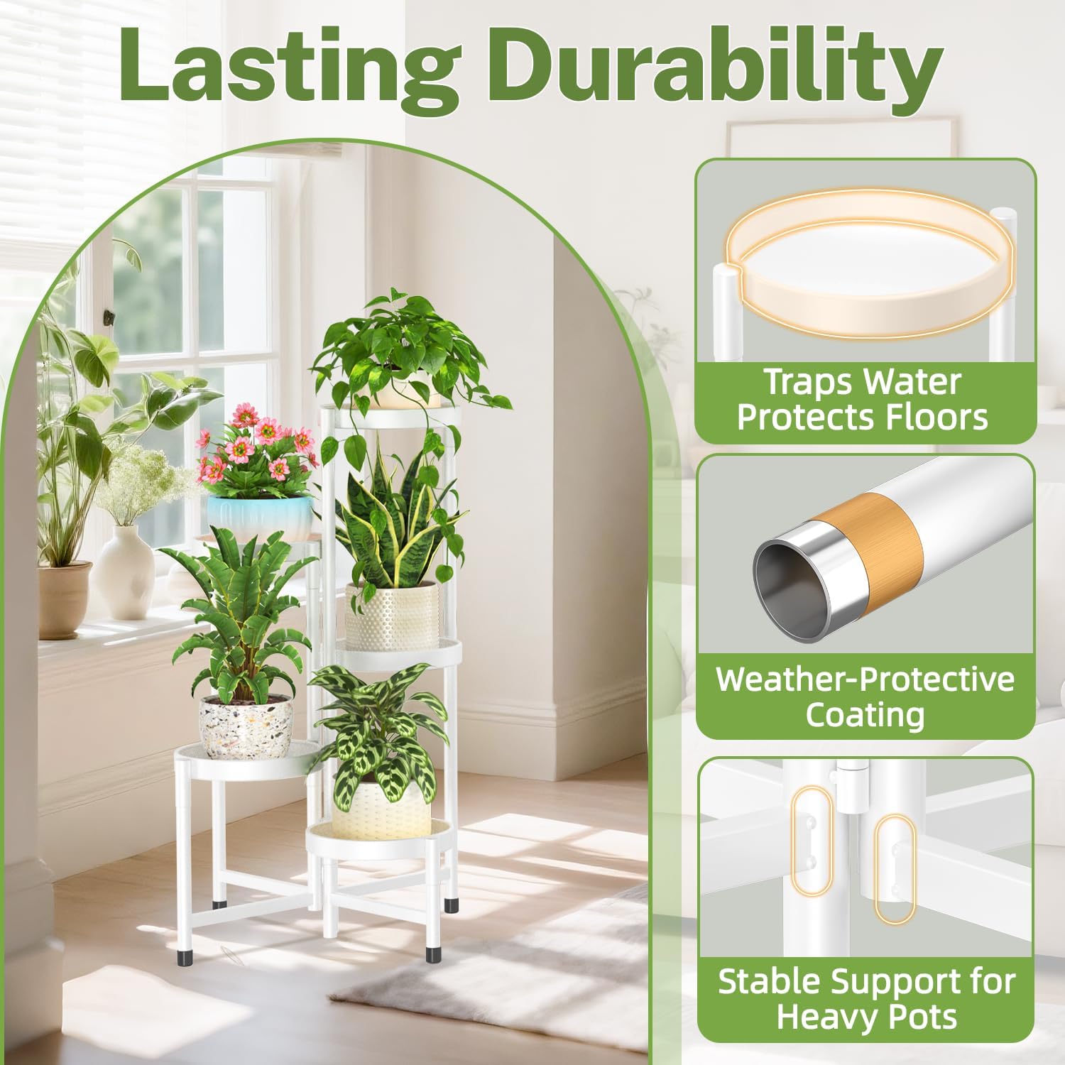 iDavosic.ly Plant Stand Indoor Outdoor, 5 Tier Metal Corner Shelf, White | Tiered Flower Display Holder, Folding Multi