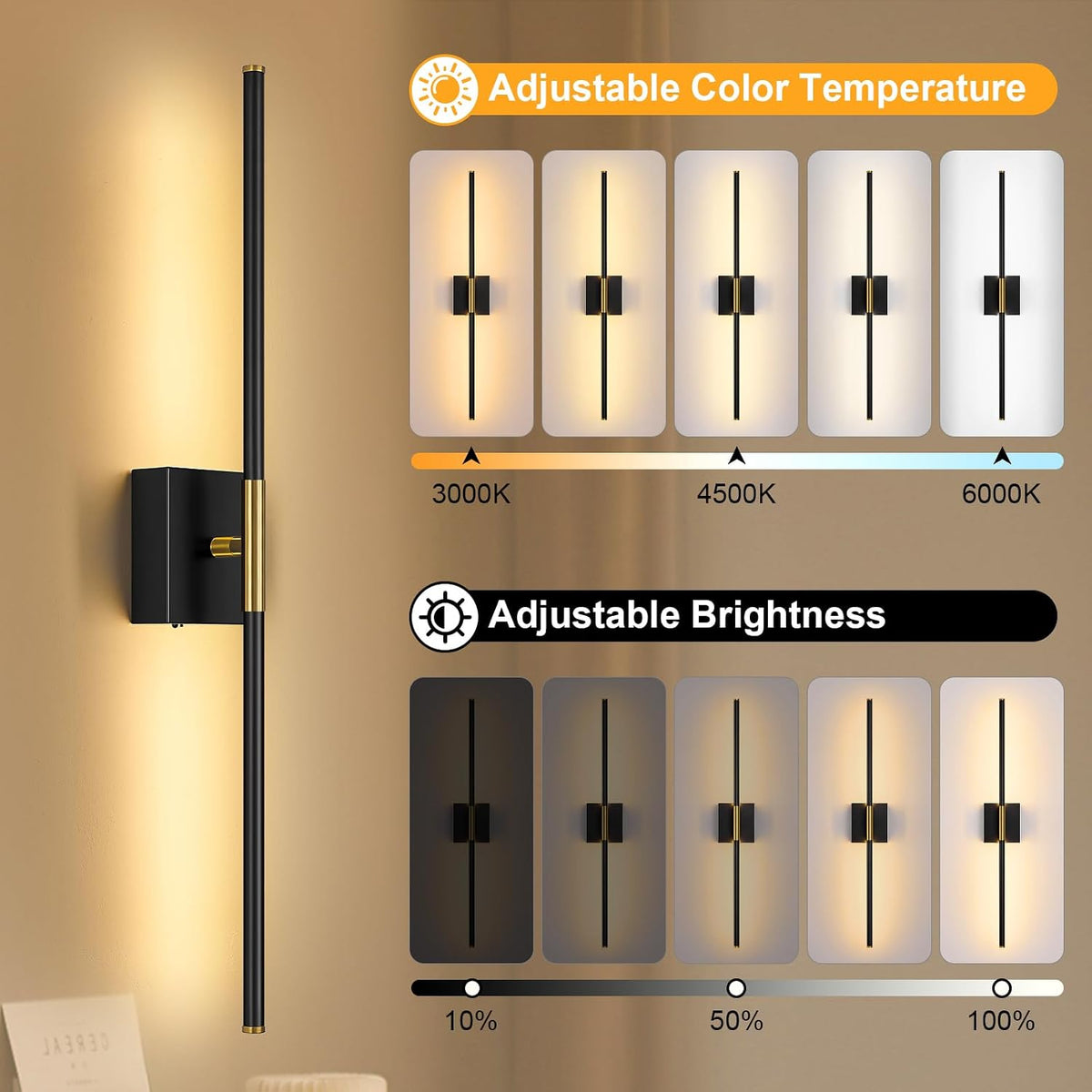 Wall Sconces Set of Two with Remote Control 29.1 in Dimmable Black Gold Battery Operated Wall Lights 350° Ratation