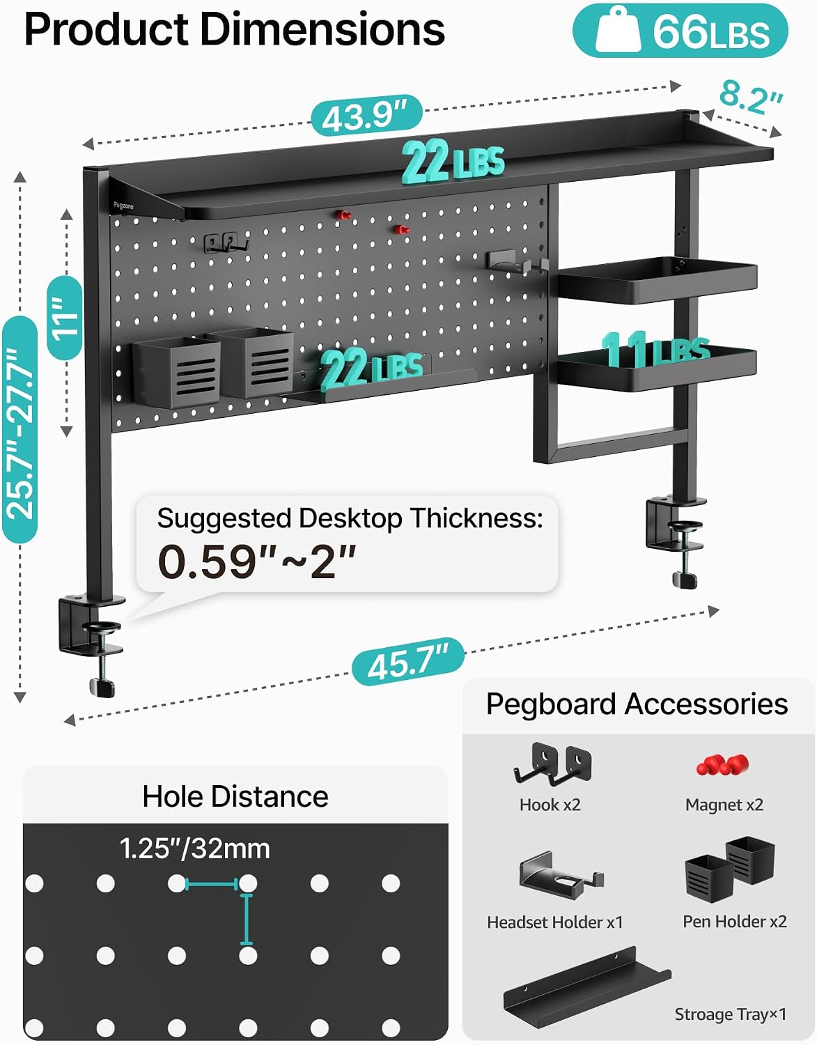 Clamp on Desk Shelf, 44" Desktop Shelving System, Black | with Pegboard and Accessories, Desktop Organizer with 2-Tier