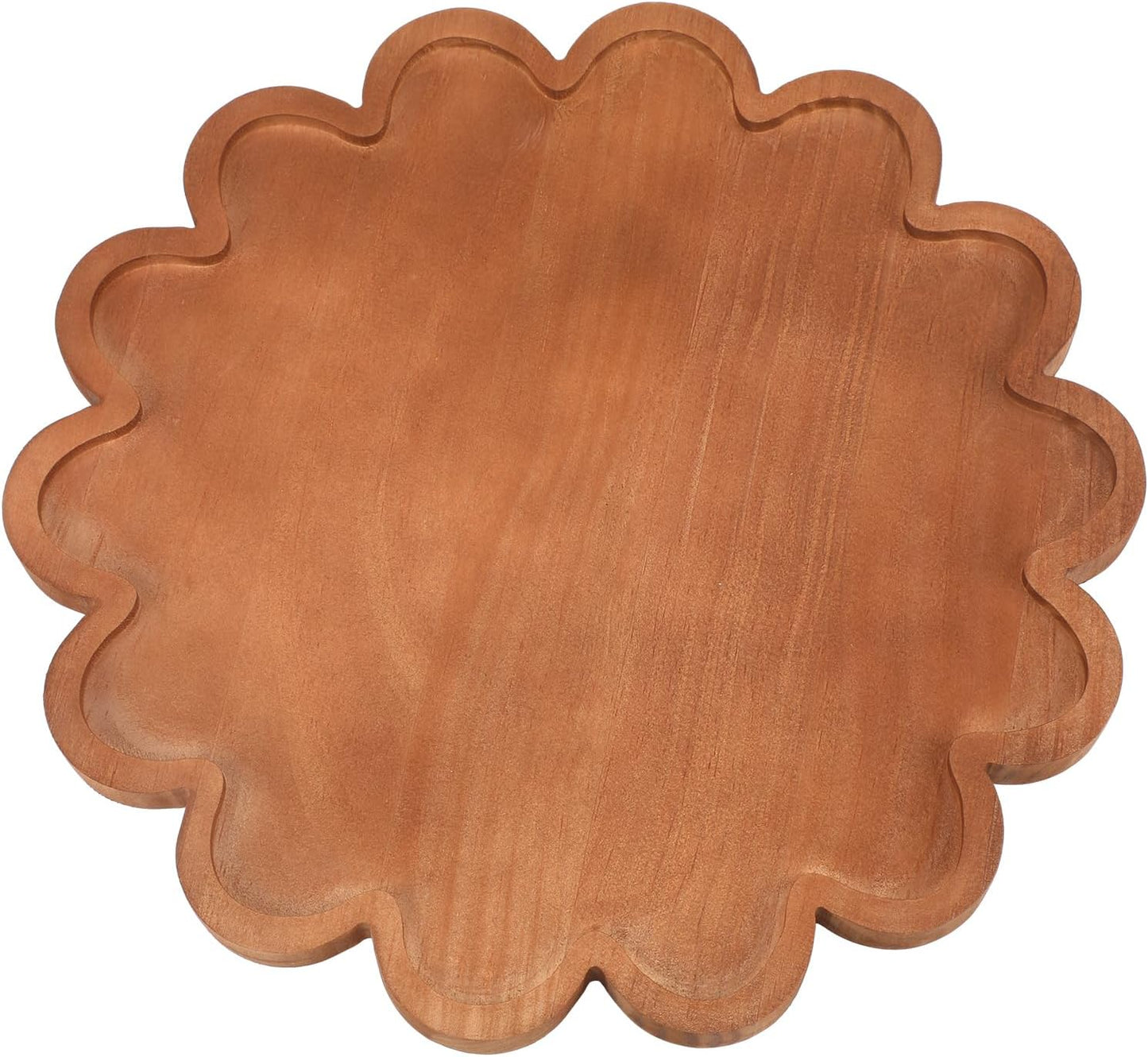 Decorative Serving Tray Wood Scalloped Serving Tray Round Wooden Display Plate / Brown / 12.6 Inch