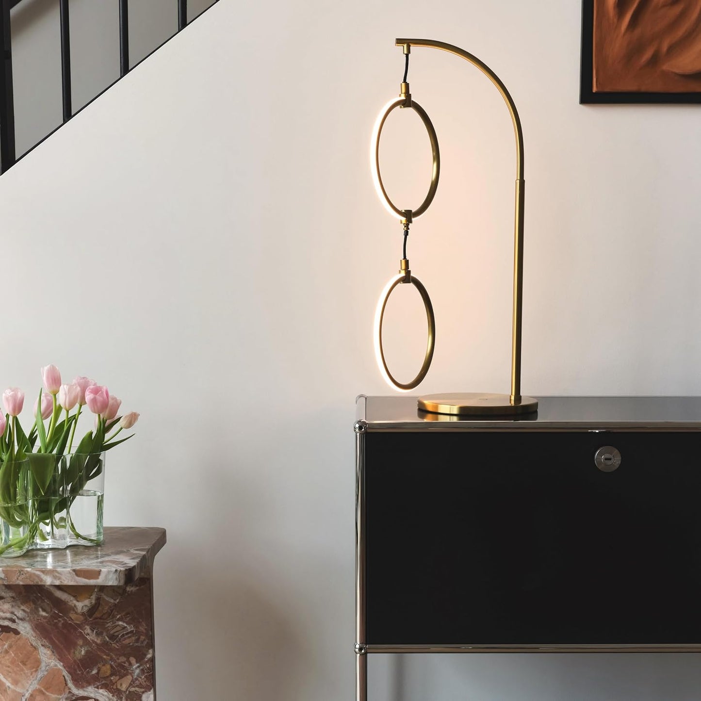 Brightech 2 Ring Lamp - 24" Dimmable LED Table Lamp with 2 Hanging Light Rings, Modern Arc Desk and Bedside Nightstand