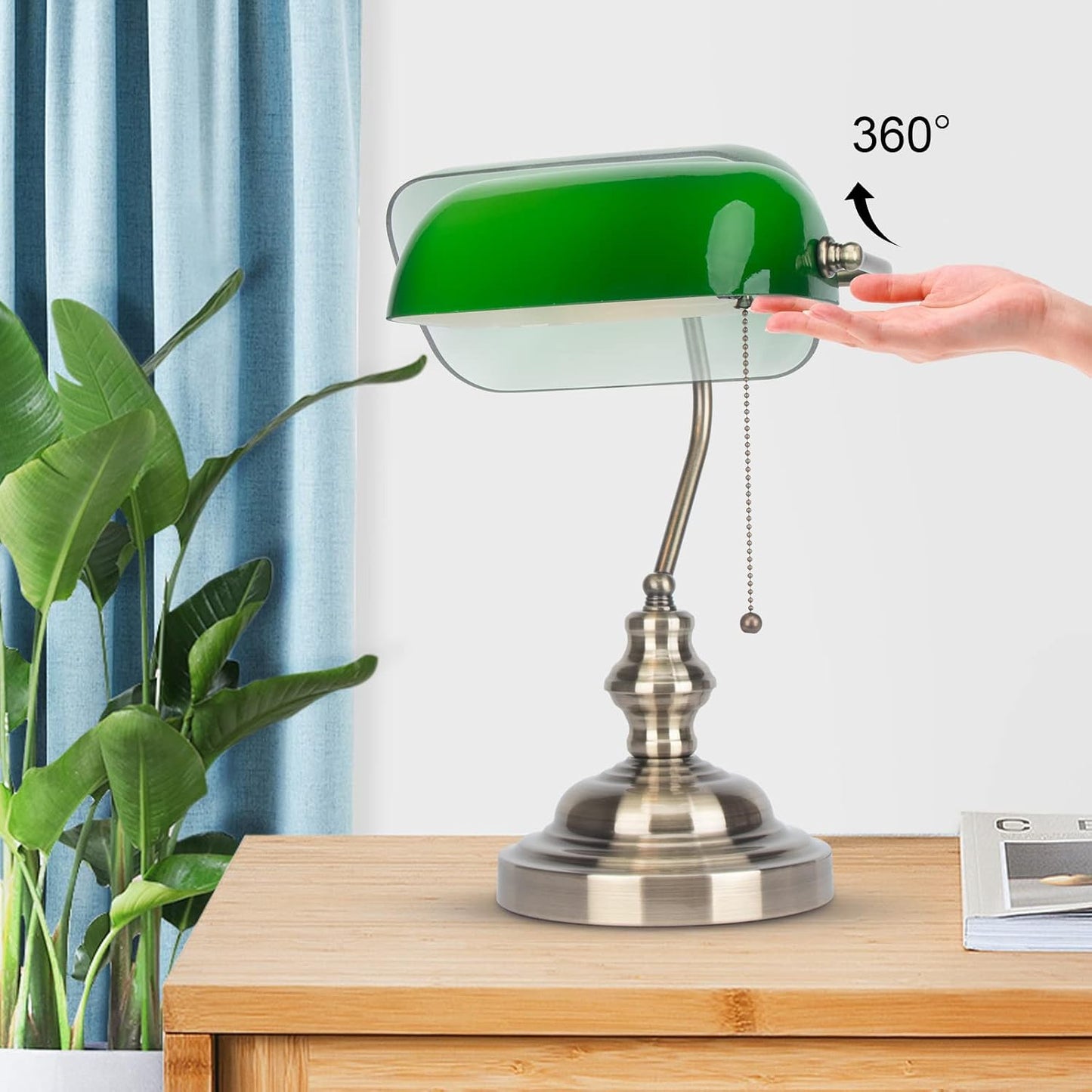 Green Glass Bankers Desk Lamp,Green Bankers Lamp with Brass Finish Base, Traditional Library Lamp with Pull Chain, E26