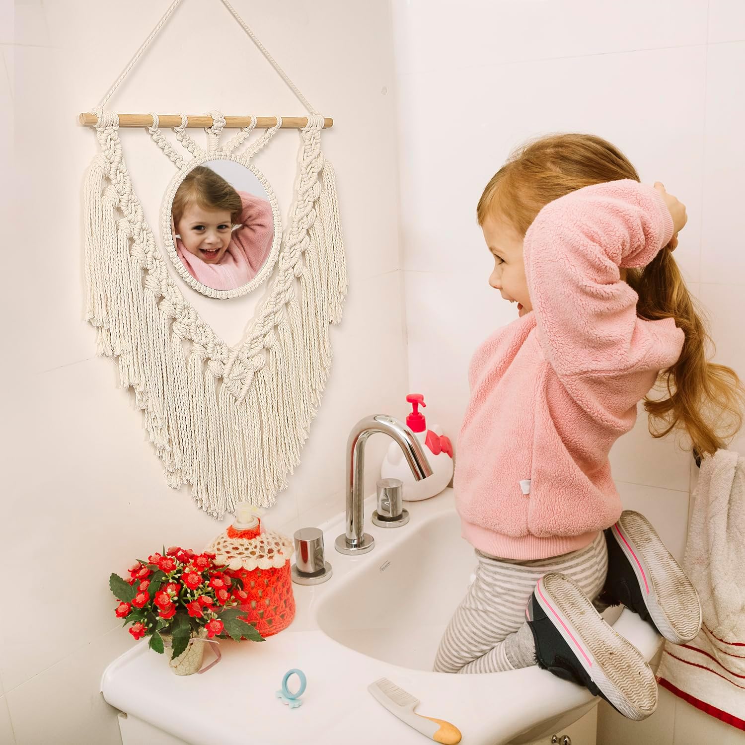 Boho Round Wall Mirror Macrame Wall Hanging Circle Hanging Mirror for Over Sink Bedroom Living Room