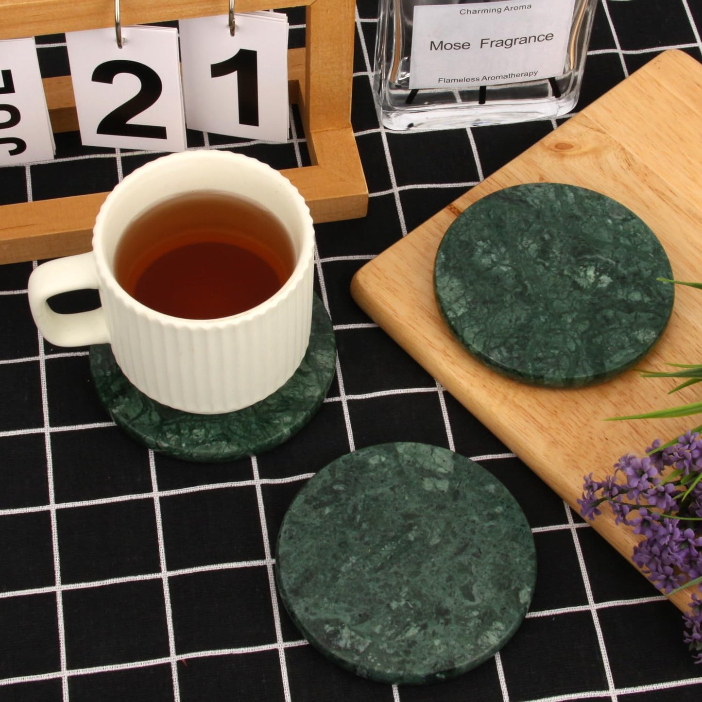 Natural Marble Coasters / Blackish Green / Round / 4 Inch / Set of 4