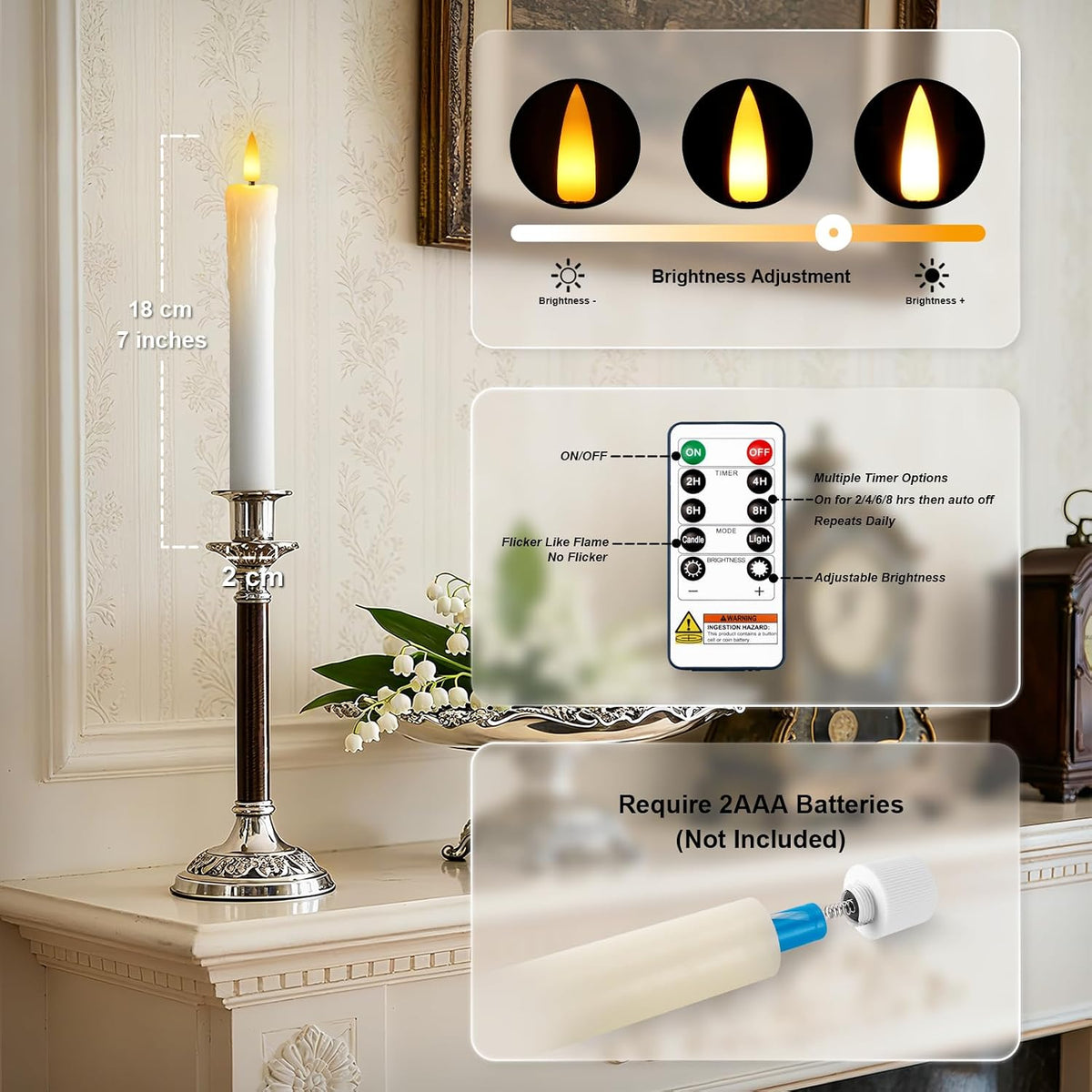 7 Inches Dripless Flameless Taper Candles with Remote Timer Dimmer, Real Wax Battery Candlesticks, 3D Flame Fake