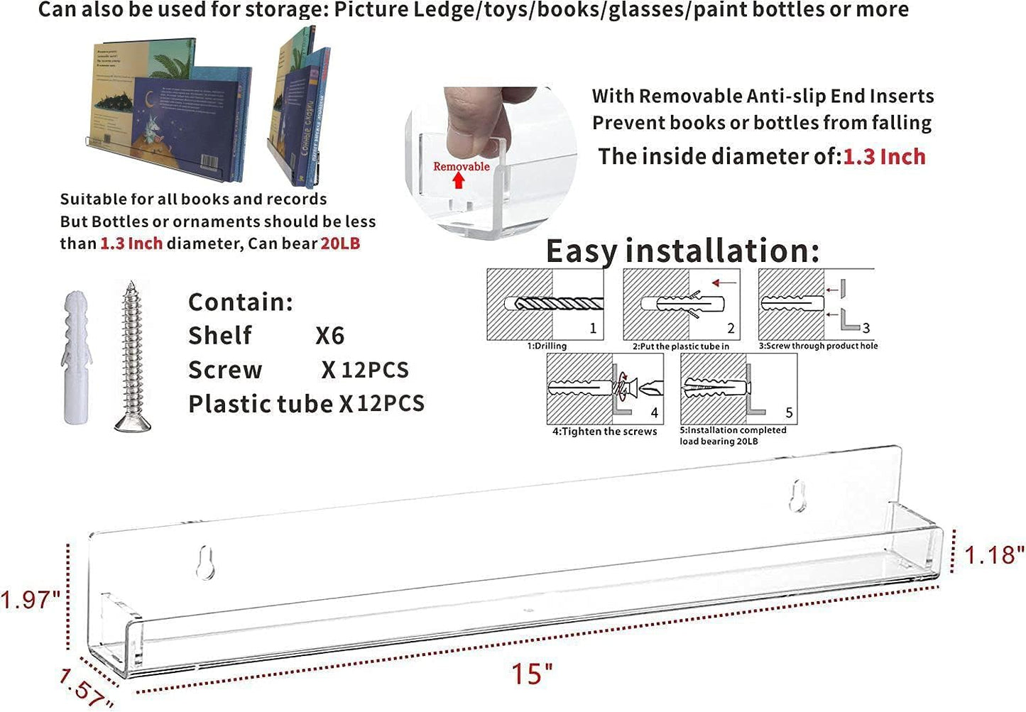 Cq acrylic Invisible Clear Floating Bookshelf - 15" Hanging Wall Mounted Display Shelf for Kids Room, Modern U Shaped