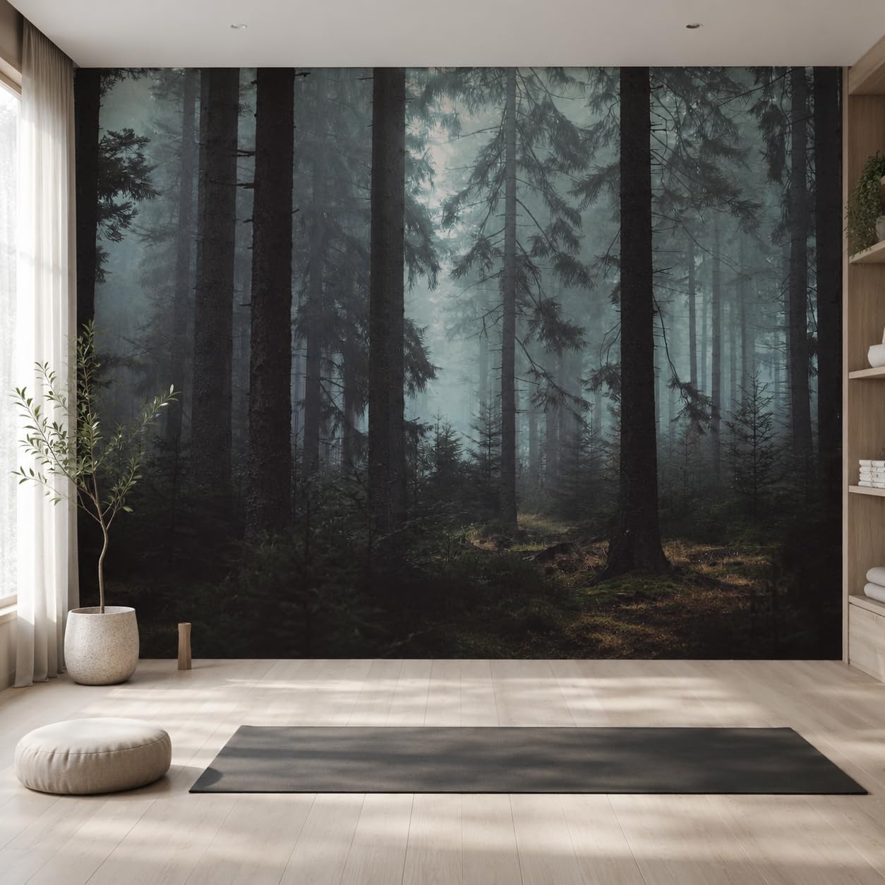 Foggy Forest Wall Murals Peel and Stick 148" Wx 98" H Misty Woodland Tree Self / Gray / 148 x 98