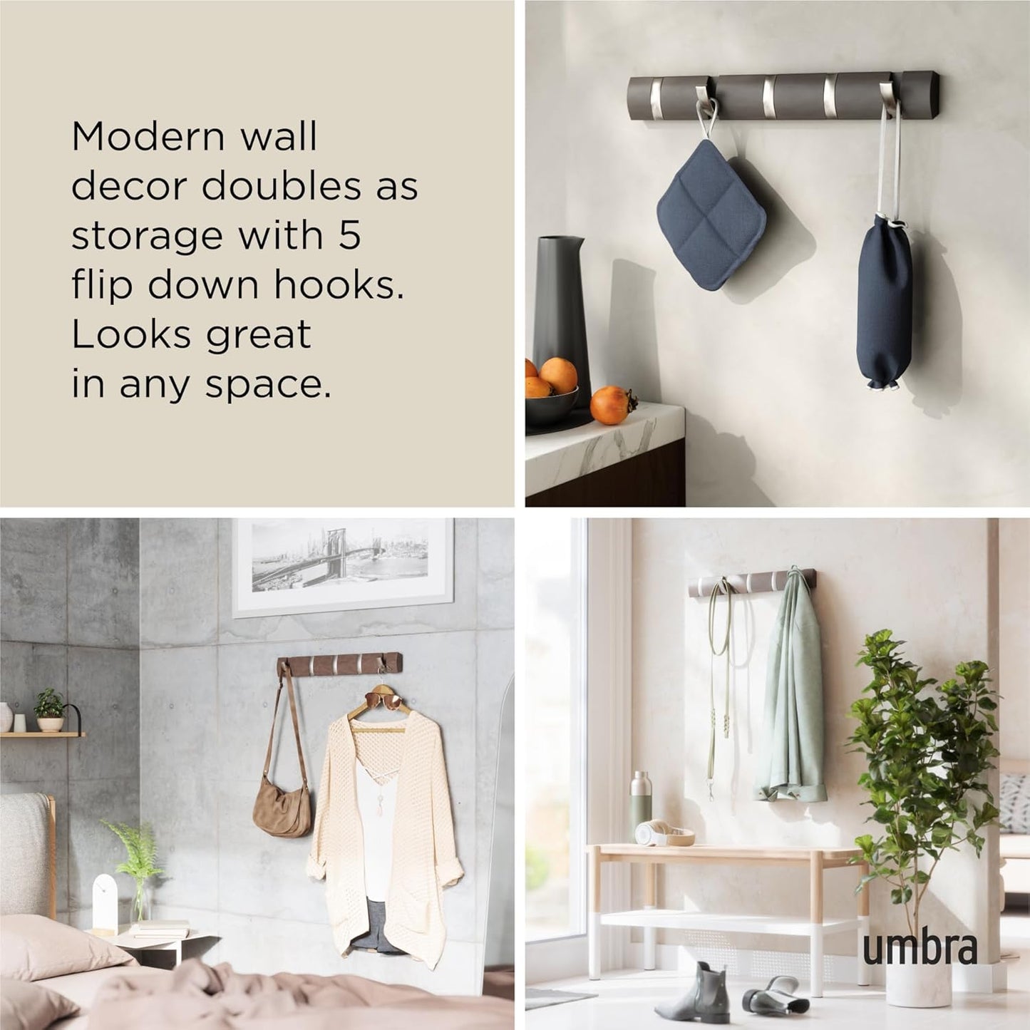 Umbra Flip Coat Rack, Wall Mounted 5-Hook Space Saving, Driftwood/Nickel | Real wood and steel build, retractable hooks