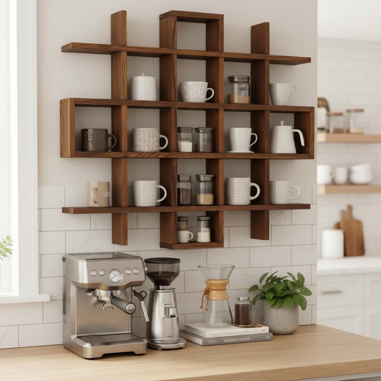 Suzile Mug Display Shelf Wall Mounted,Grid Size 5.1x5.1x3in,Rustic Brown | Rustic Wood Floating Shadow Box for Coffee