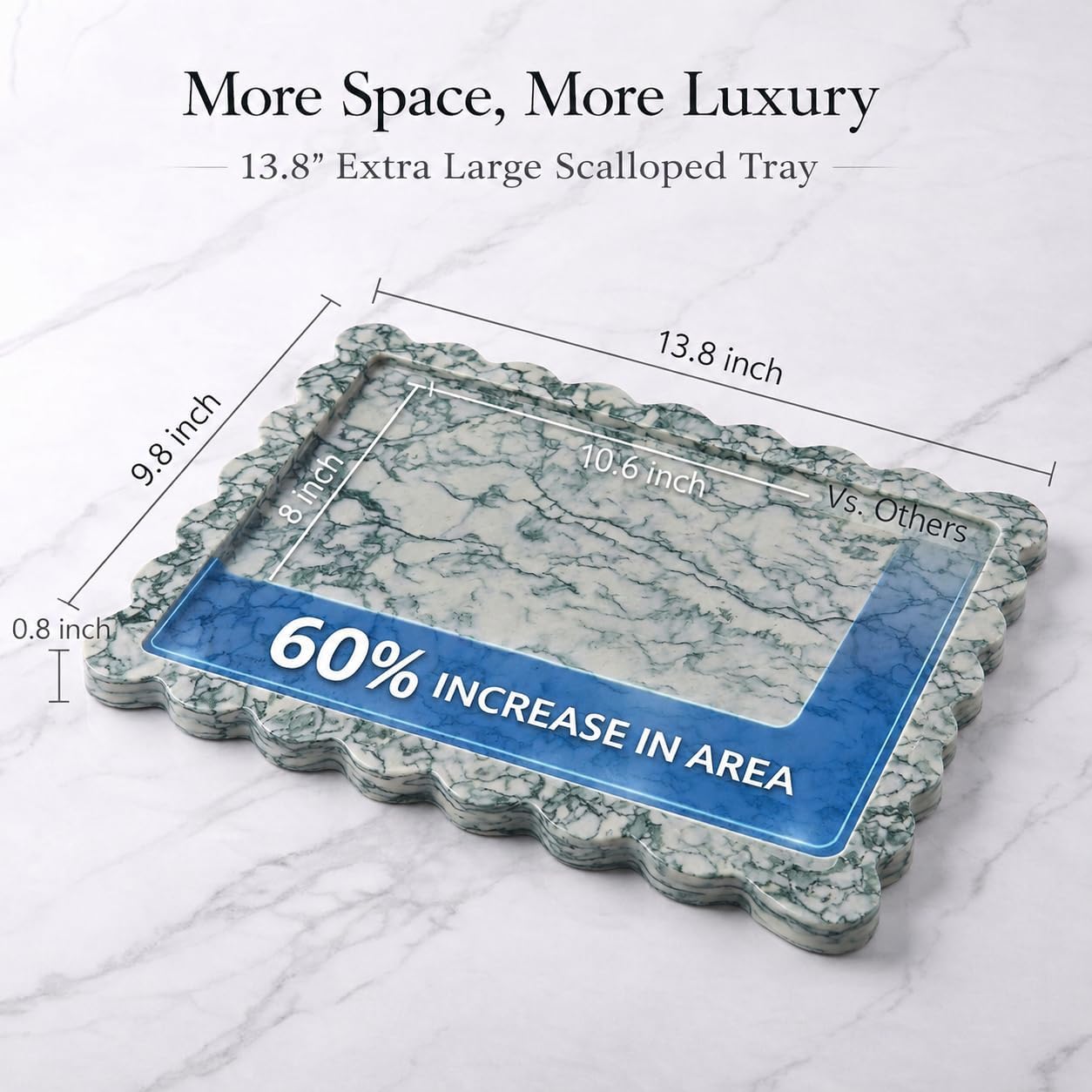 Large Genuine Scalloped Marble Tray / Cyan Green / 14 x 10