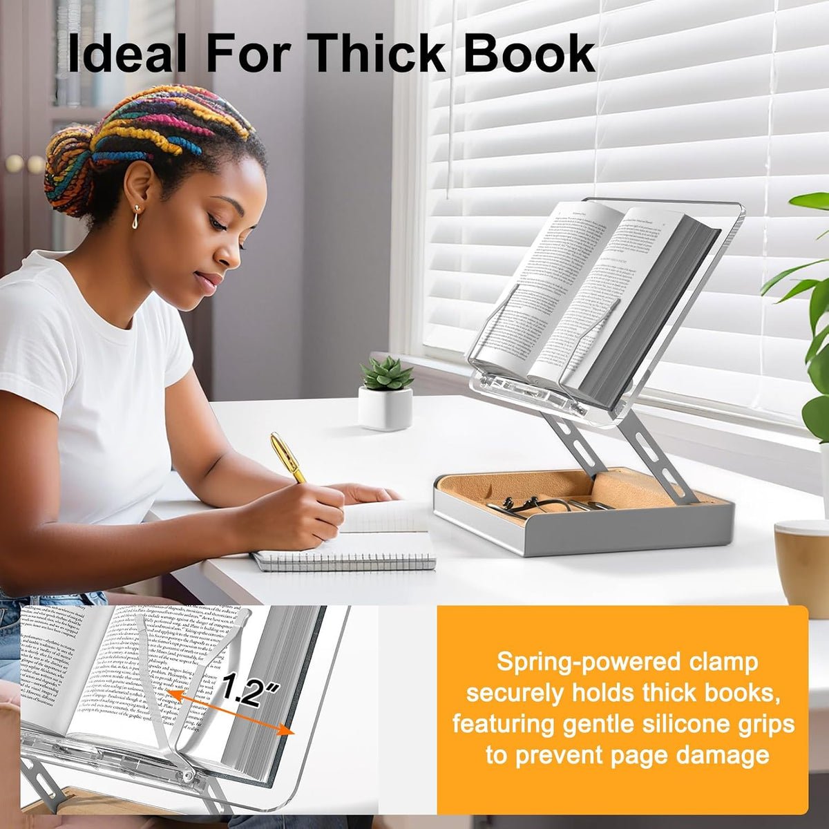 Book Stand with Storage, Book Holder for Reading Hands Free | Wooden Cookbook Stand for Kitchen Counter, Adjustable