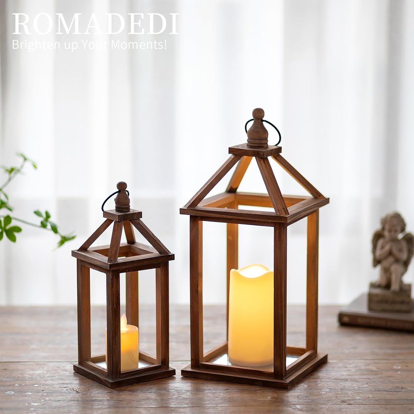 Romadedi Wood Candle Lantern Decorative, Brown, Rustic Decor Set of 2 | Farmhouse Wooden Lanterns, Decorative Candle