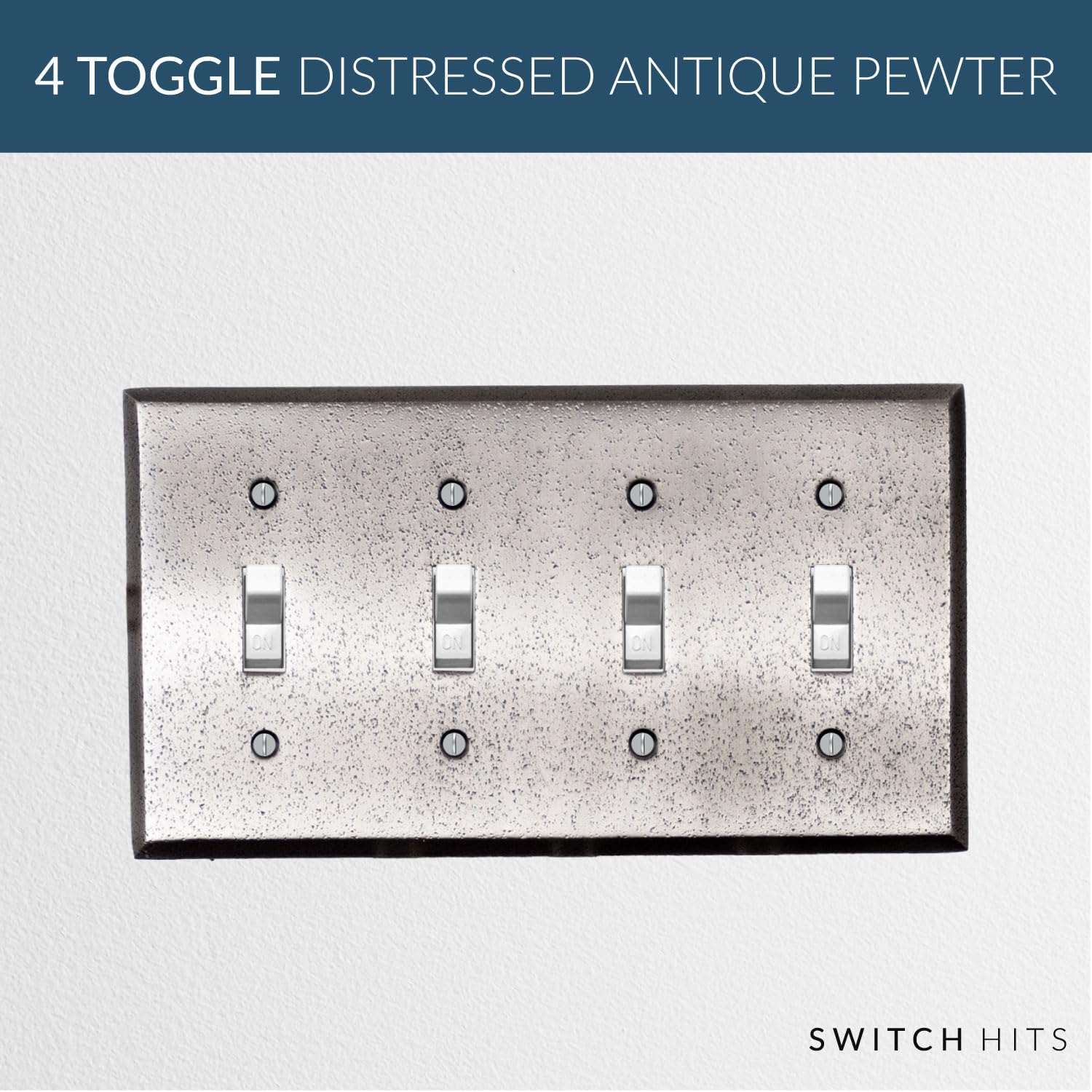 Distressed Antique Pewter Outlet Wall Plate | 4 Toggle | 8.25" x 4.5" | Hand-Polished Brass Construction | Electrical