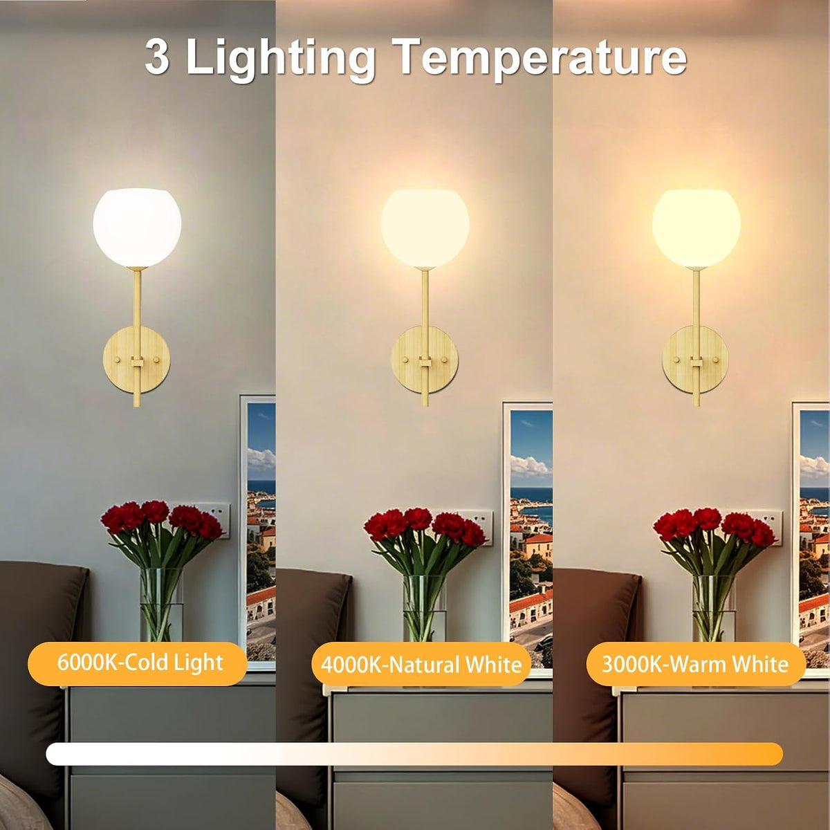 Wood Grain Battery Operated Wall Sconces Set of 2, Rechargeable Wireless Wall Lights with Milky White Frosted Glass, 12