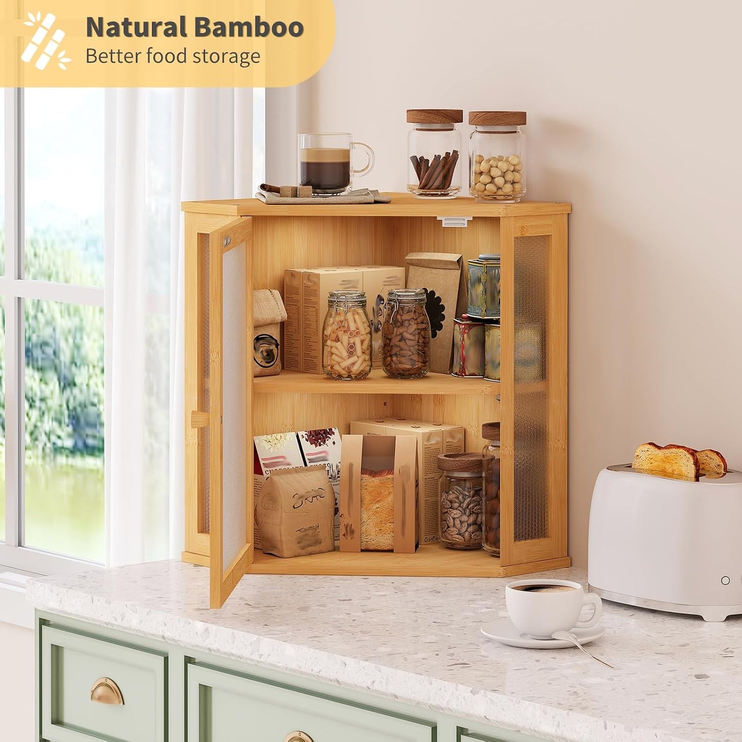 Corner Bread Box for Kitchen Countertop,Bread Storage for Homemade Bread, Double Layer Large Bamboo Kitchen Storage Bin
