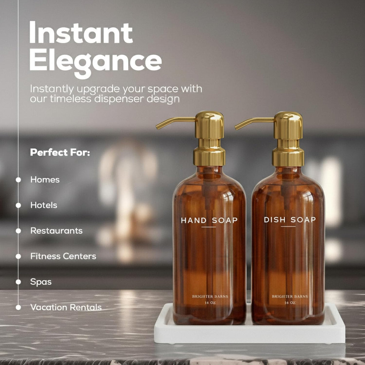 Luxury Glass Hand and Dish Soap Dispenser Set with Tray by Brighter Barns - Kitchen Soap Dispenser with Tray and Pump